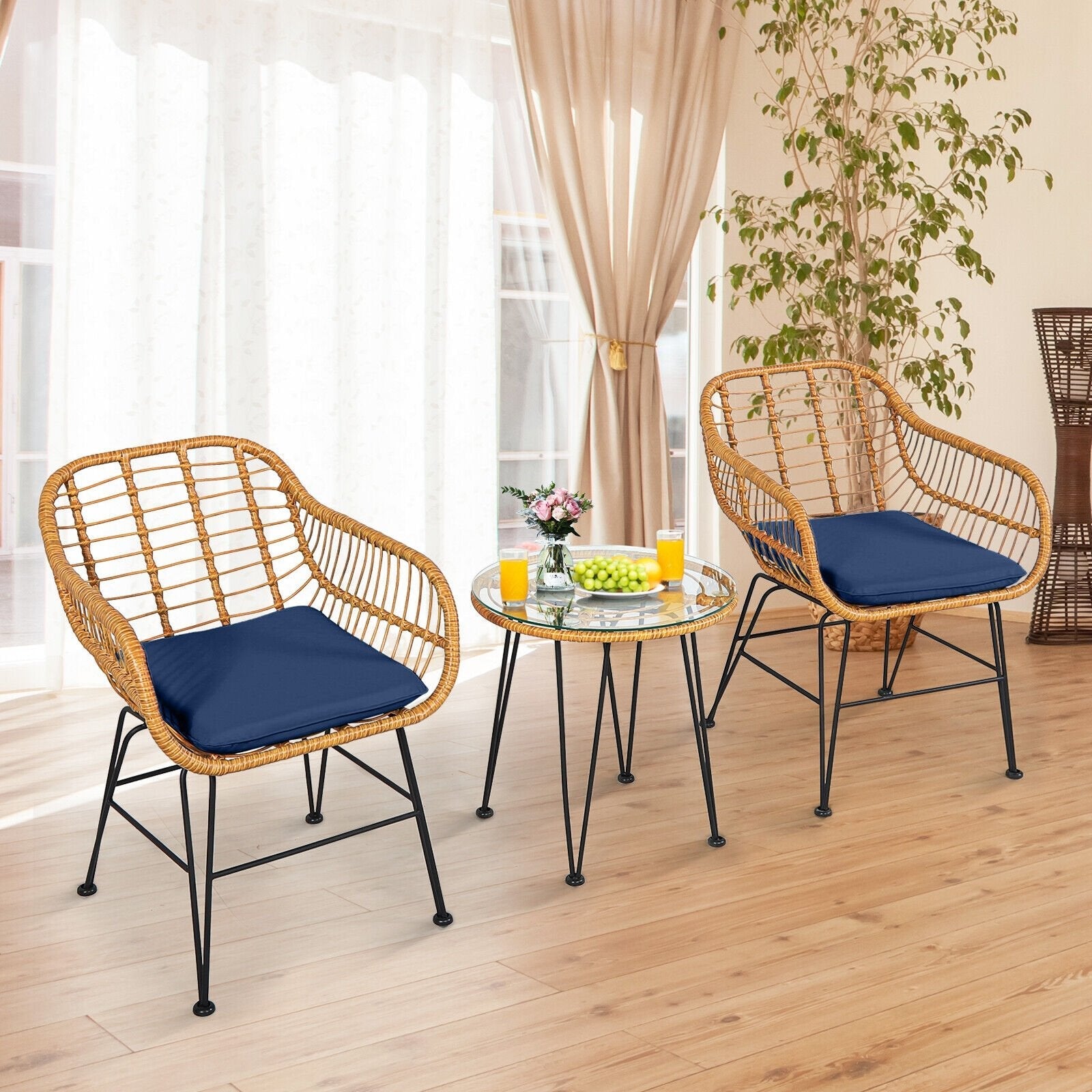 3 Pieces Rattan Furniture Set with Cushioned Chair Table-Black