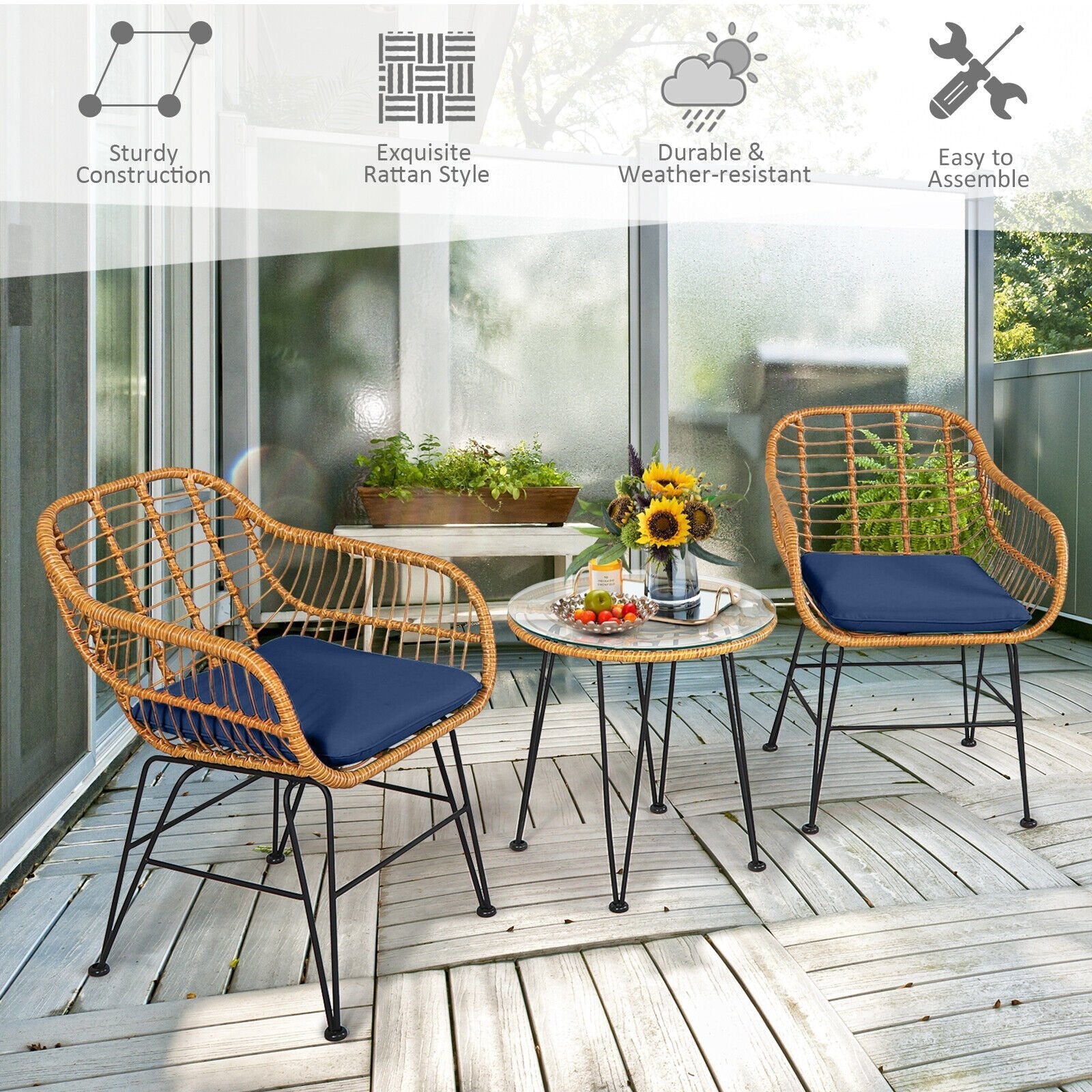 3 Pieces Rattan Furniture Set with Cushioned Chair Table-Black