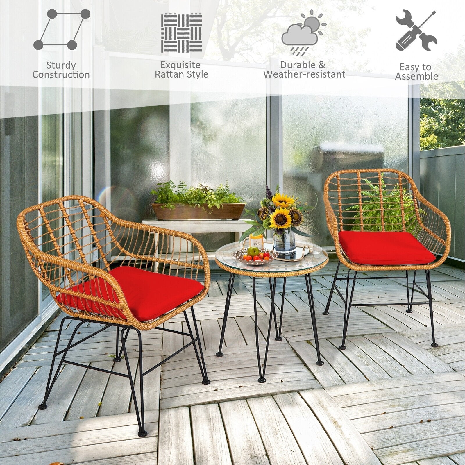 3 Pieces Rattan Furniture Set with Cushioned Chair Table-Black