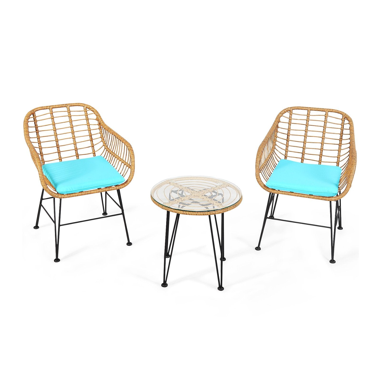3 Pieces Rattan Furniture Set with Cushioned Chair Table-Black