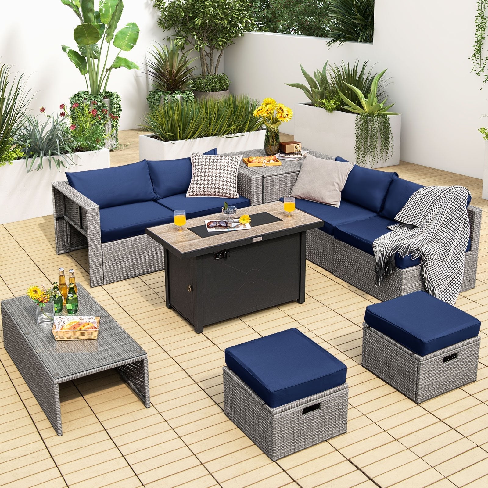 9 Pieces Patio Furniture Set with 42 Inches 60000 BTU Fire Pit-Black