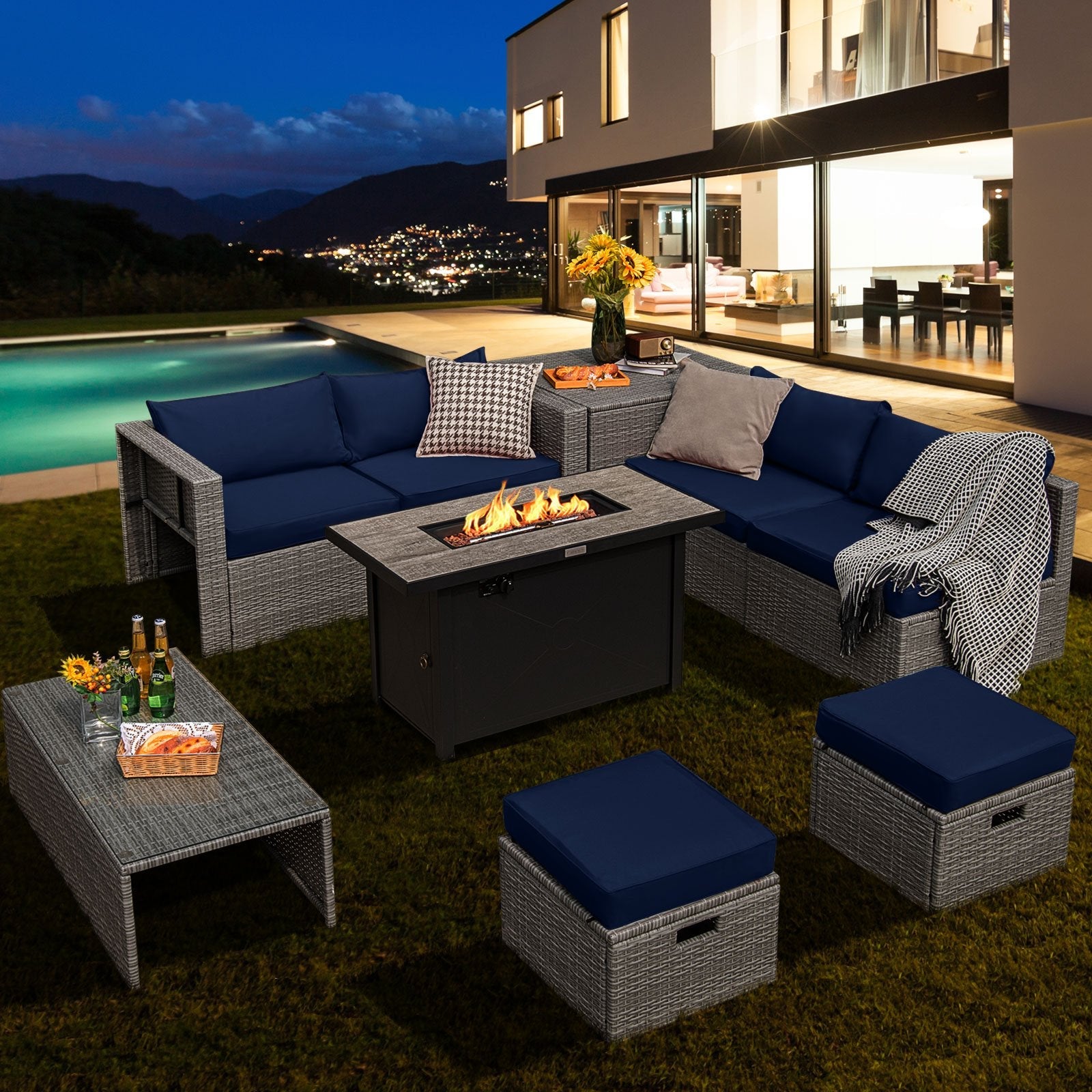 9 Pieces Patio Furniture Set with 42 Inches 60000 BTU Fire Pit-Black