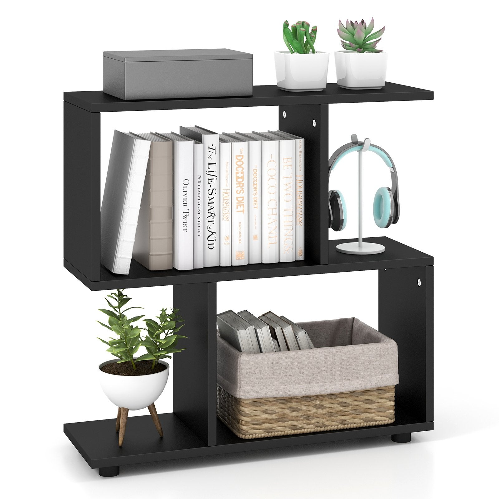 24 Inch 3-Tier Geometric Bookshelf with Thick Foot Pads-Black