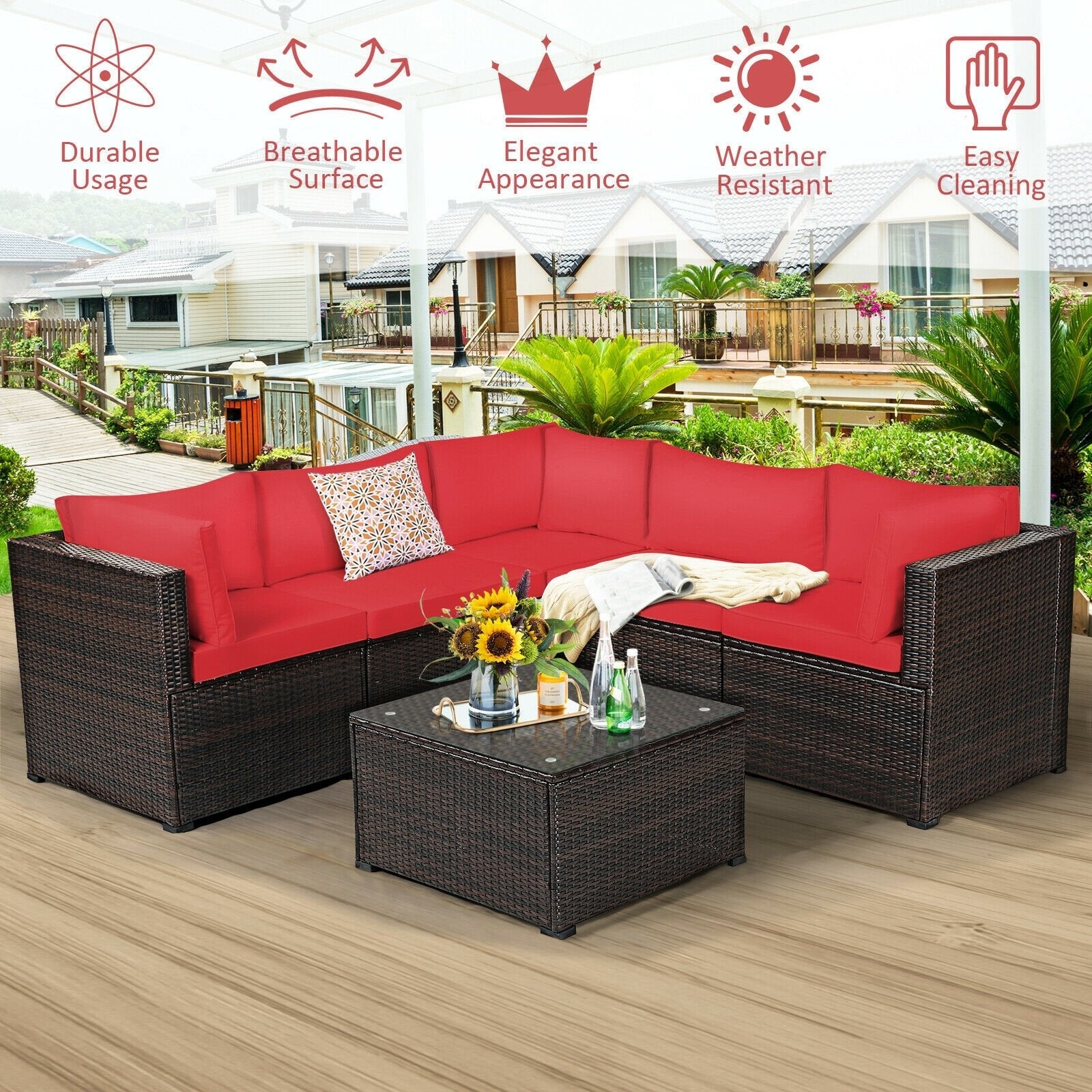 6 Pieces Patio Furniture Sofa Set with Cushions for Outdoor-Beige