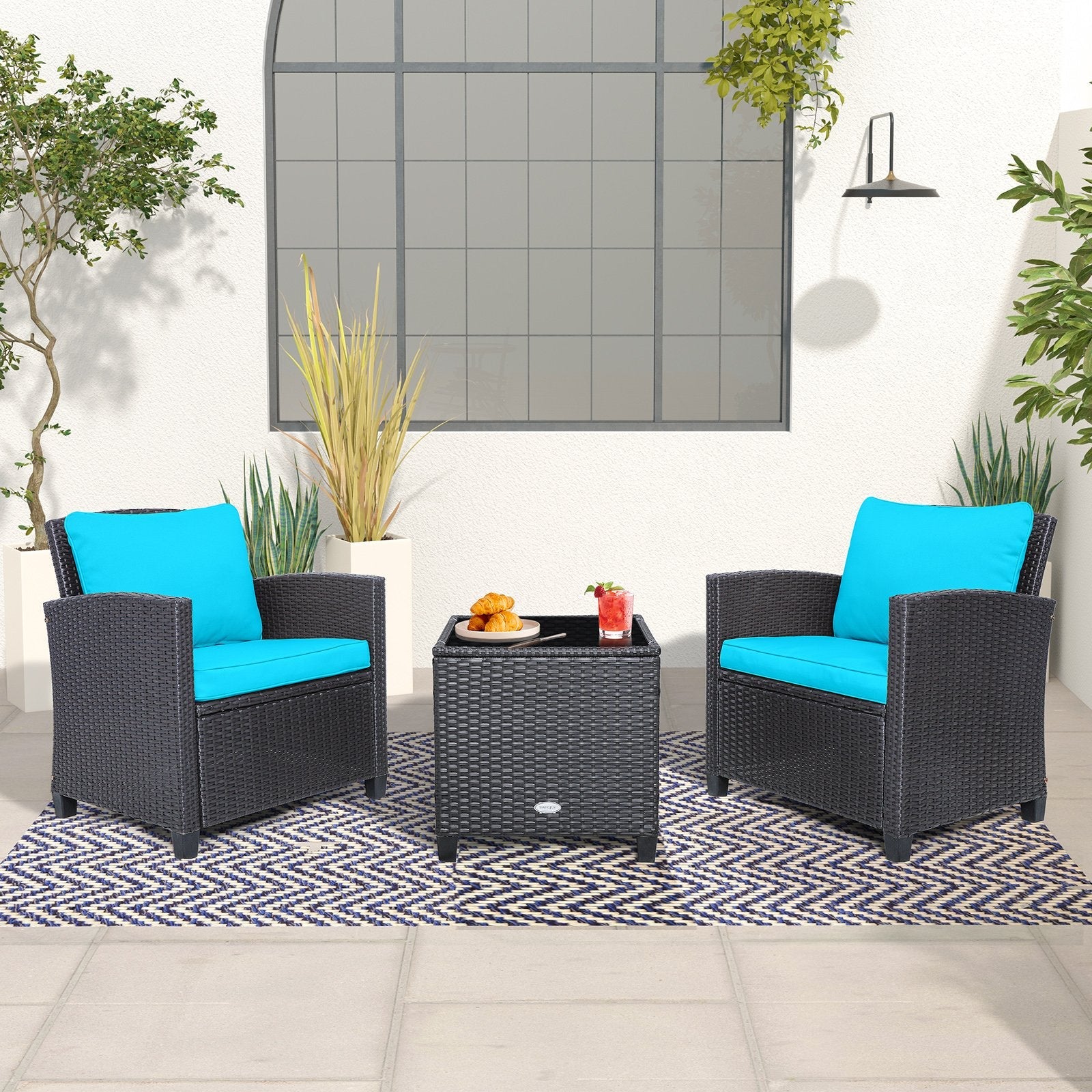 3 Pieces Patio Rattan Furniture Set with 4 Removable Cushions