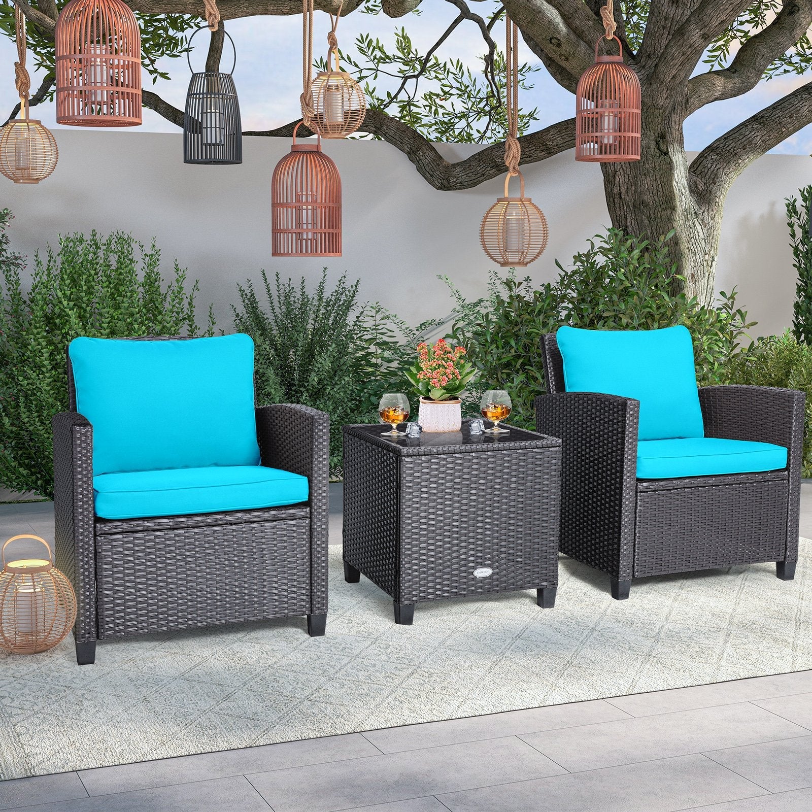 3 Pieces Patio Rattan Furniture Set with 4 Removable Cushions
