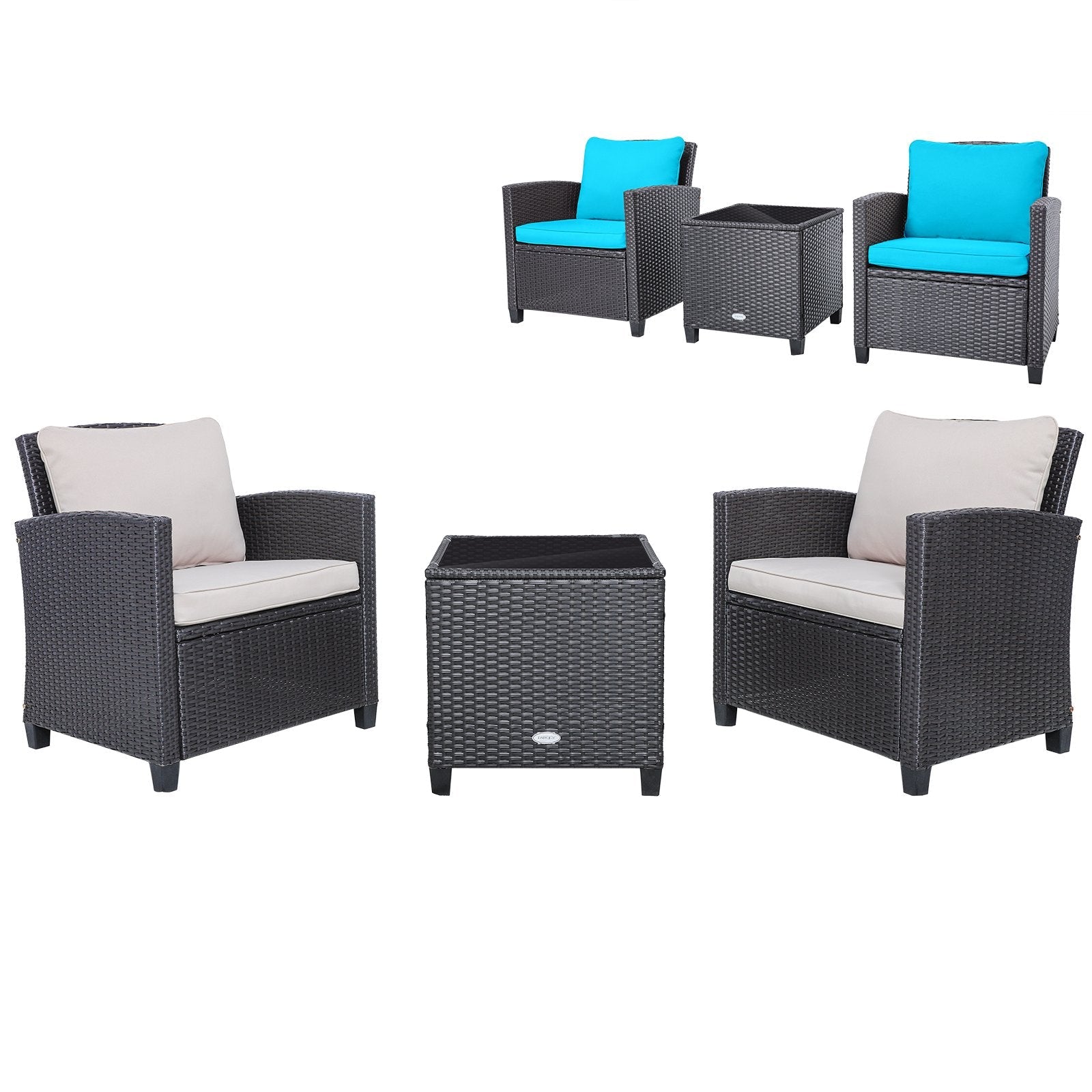 3 Pieces Patio Rattan Furniture Set with 4 Removable Cushions