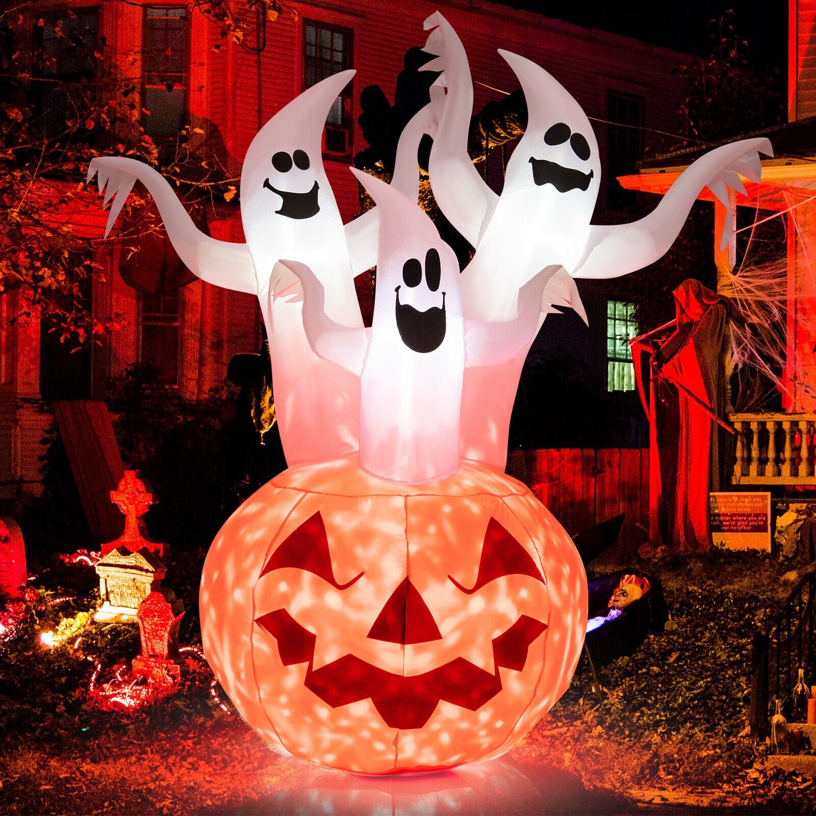 6 Feet Inflatable Halloween Ghosts with Pumpkin Decor and Rotating Lamp