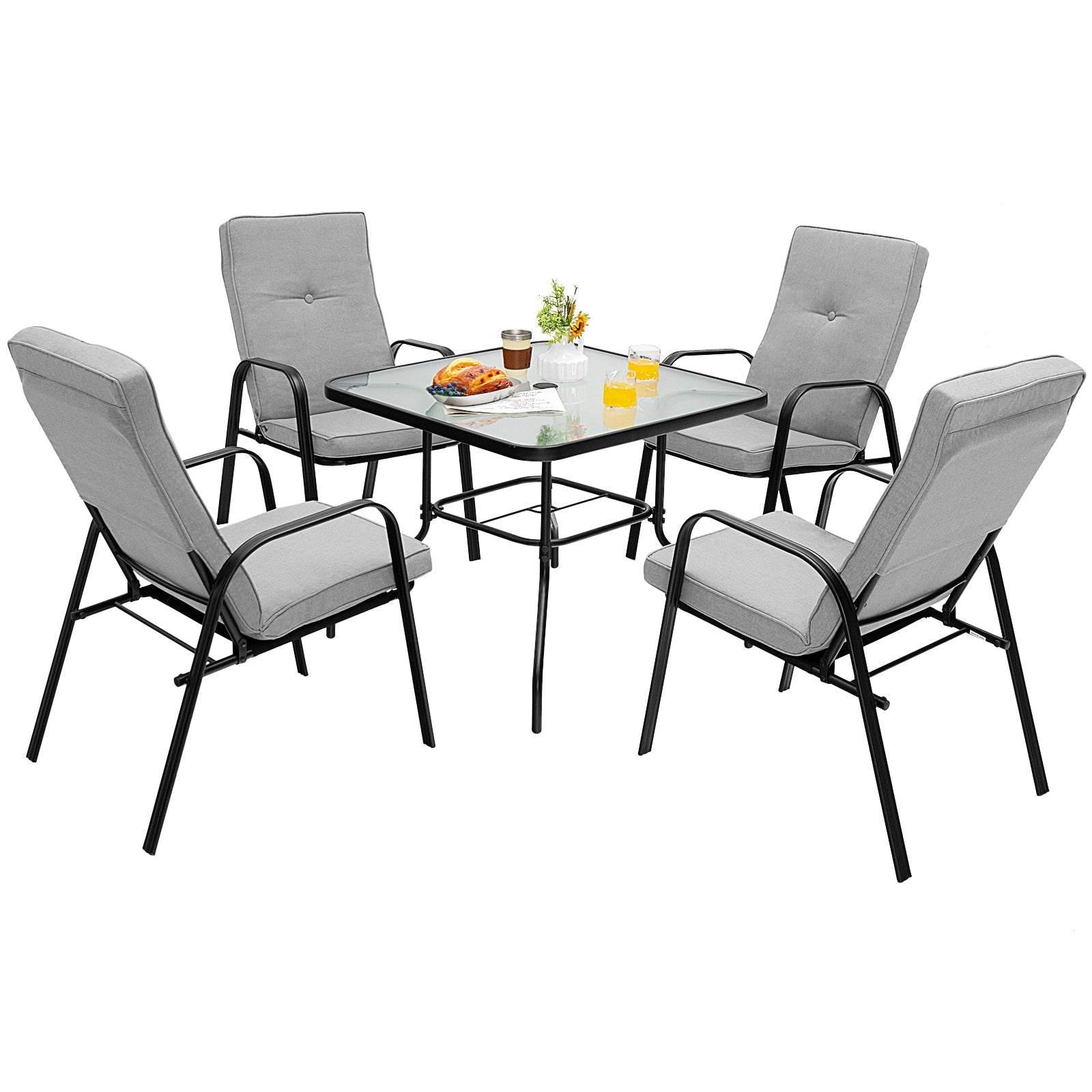 5 Pieces Outdoor Dining Set with 4 Stackable Chair and High-Back Cushions