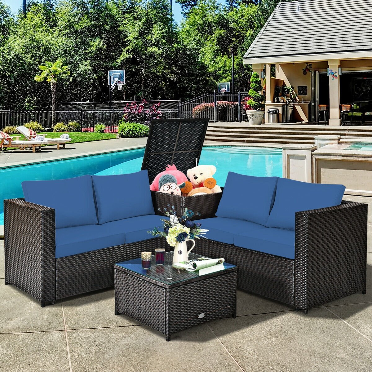 4 Pieces Outdoor Patio Rattan Furniture Set with Loveseat and Storage Box-Black