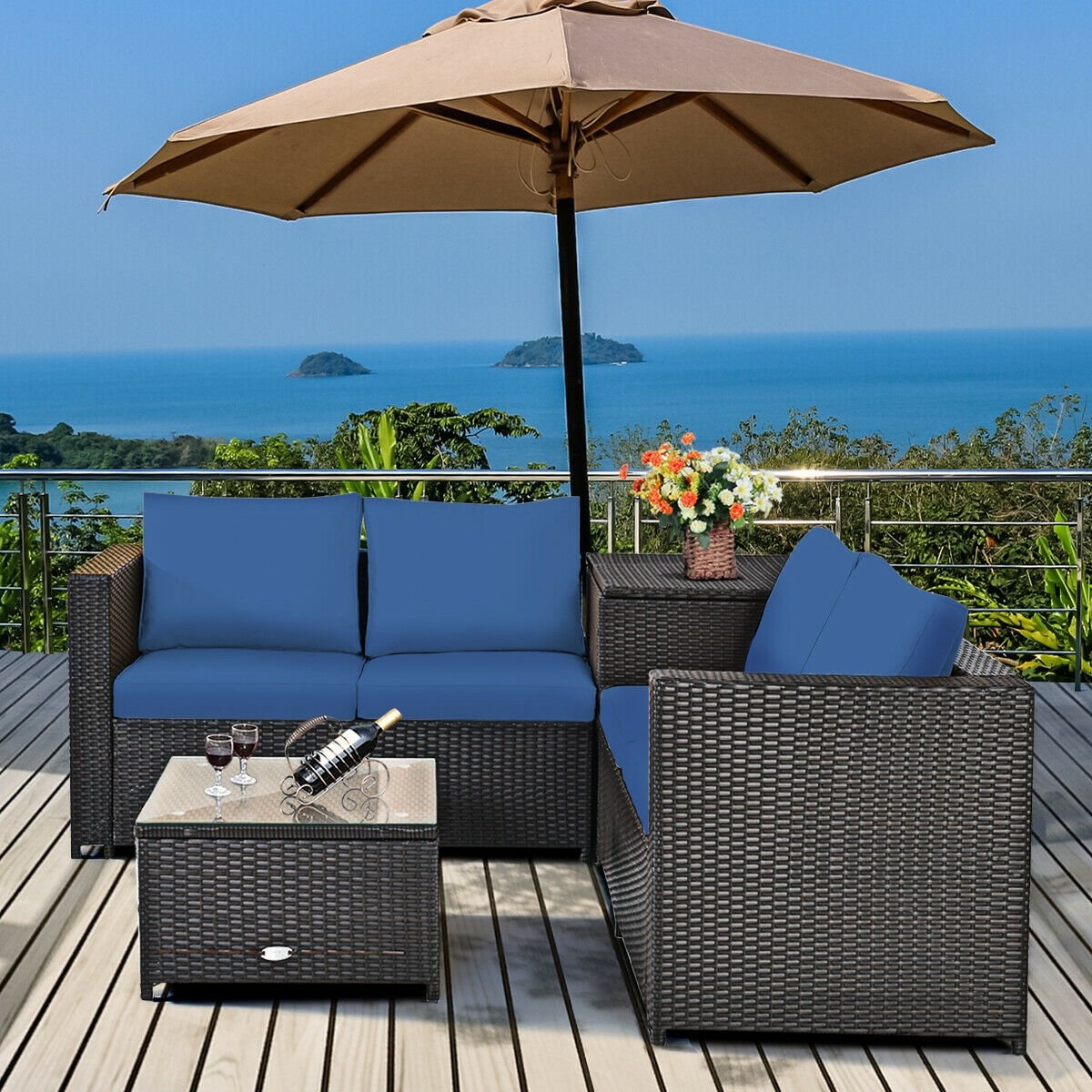 4 Pieces Outdoor Patio Rattan Furniture Set with Loveseat and Storage Box-Black