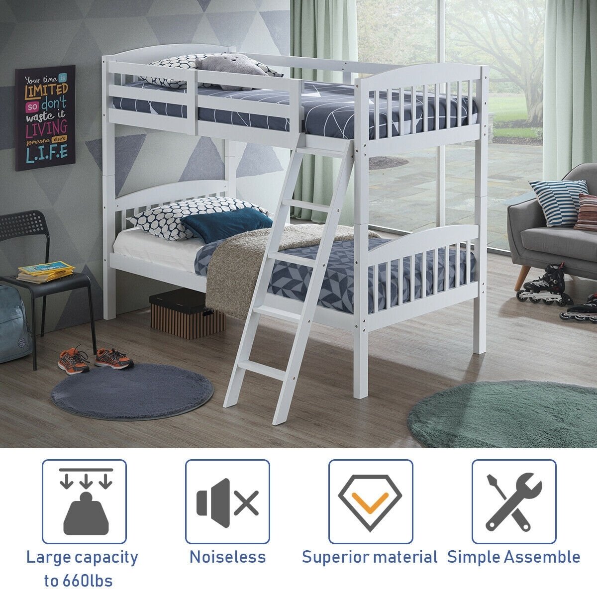 Solid Wood Twin Bunk Beds with Detachable Ladder-Coffee