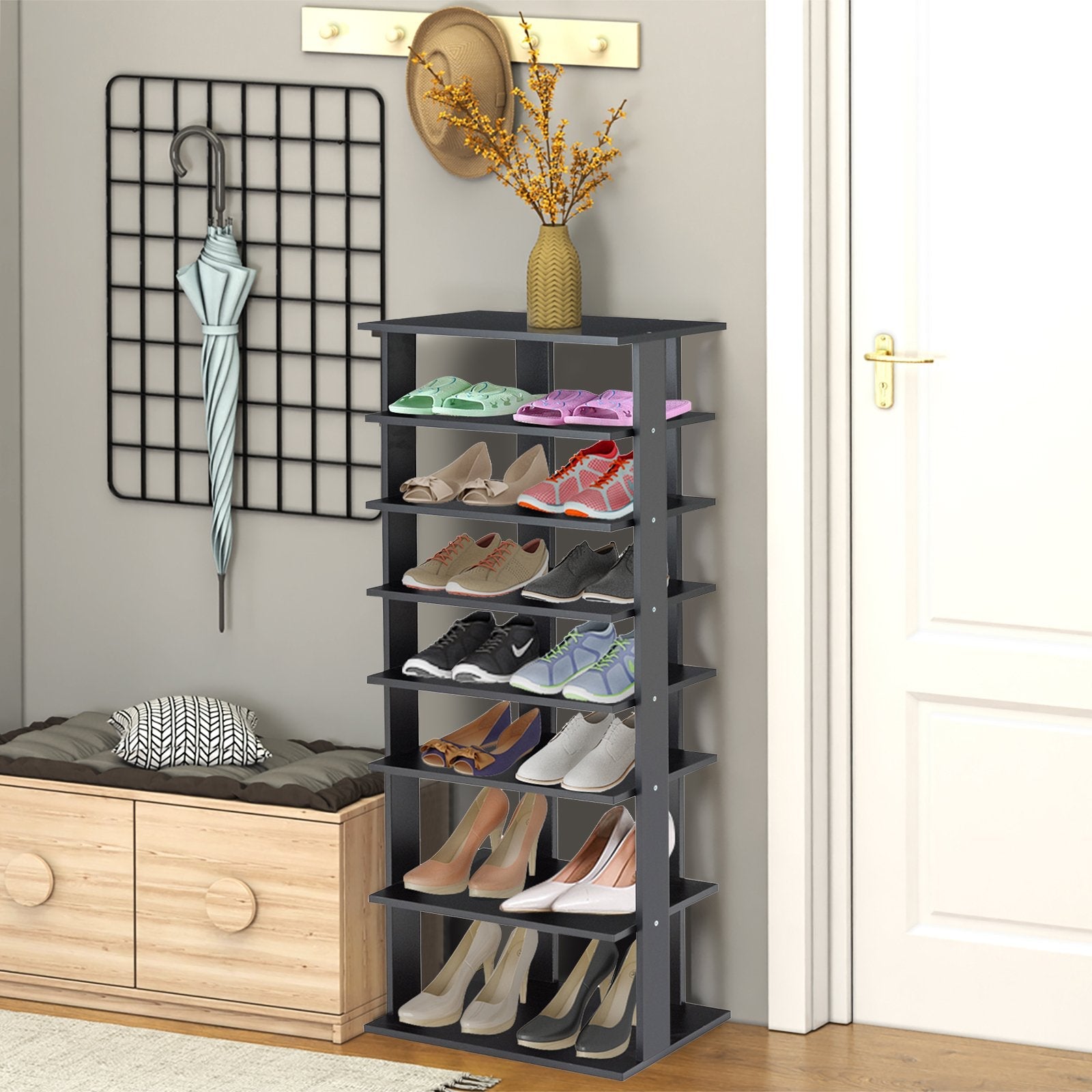 7-Tier Dual 14 Pair Shoe Rack Free Standing Concise Shelves Storage-Black