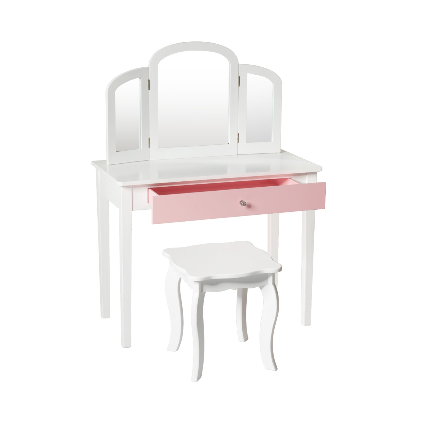 Kids Princess Make Up Dressing Table with Tri-folding Mirror and Chair-Pink