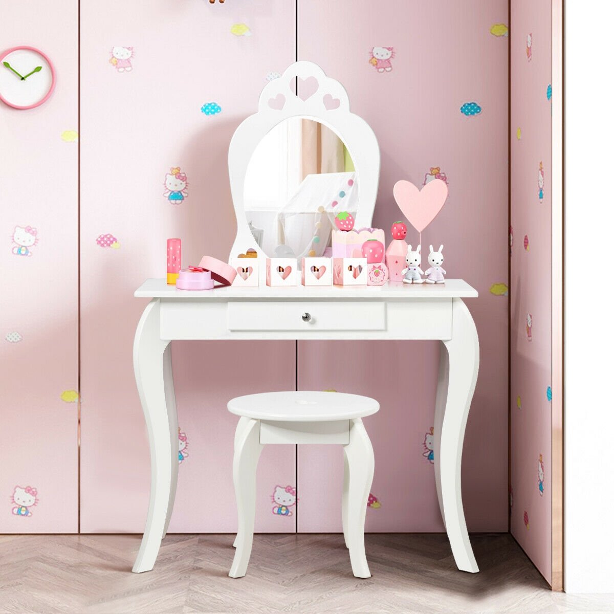 Kids Princess Makeup Dressing Play Table Set with Mirror -Pink
