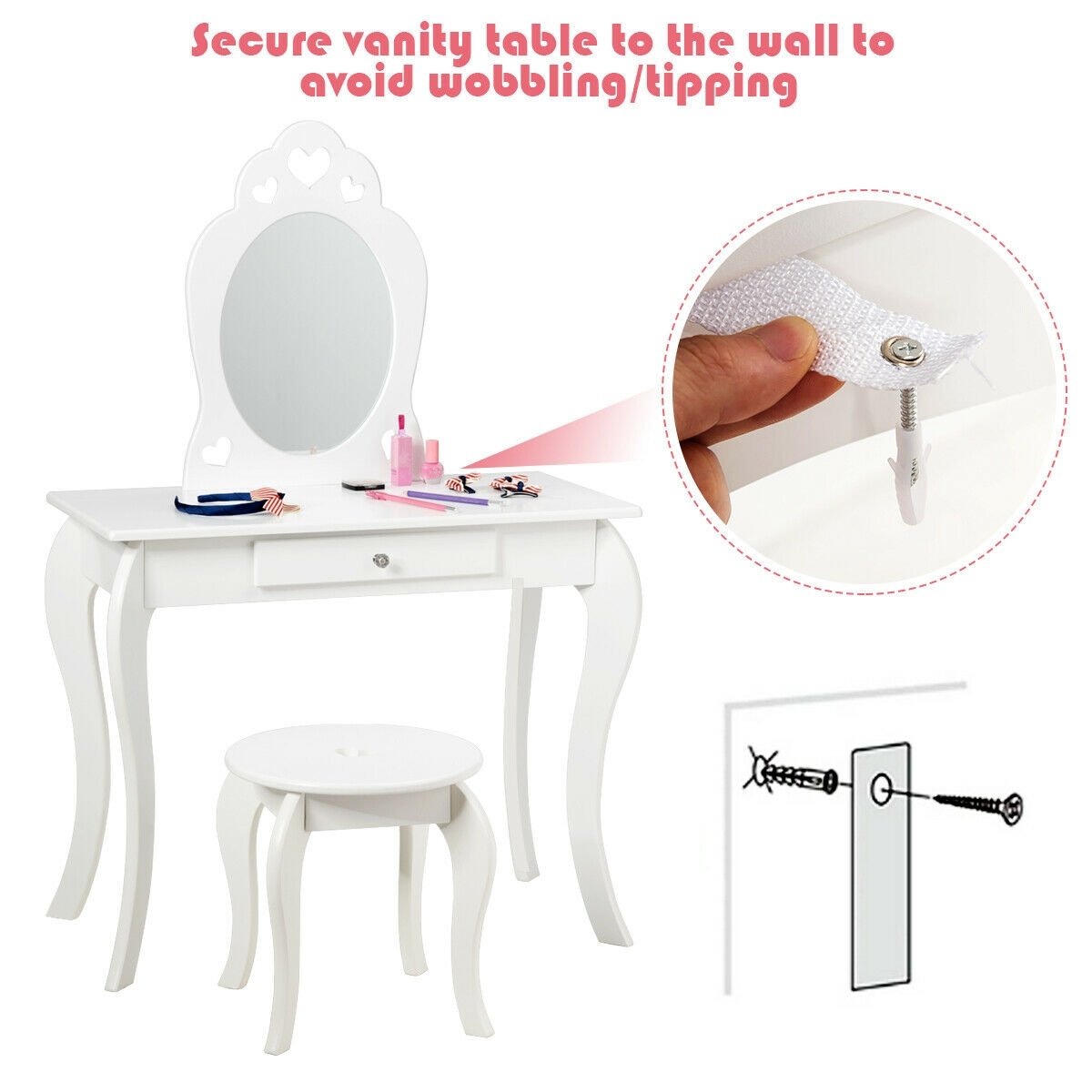 Kids Princess Makeup Dressing Play Table Set with Mirror -Pink