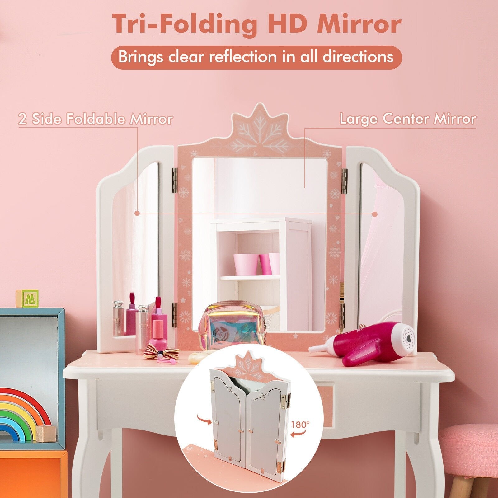Princess Vanity Table and Chair Set with Tri-Folding Mirror and Snowflake Print-Blue