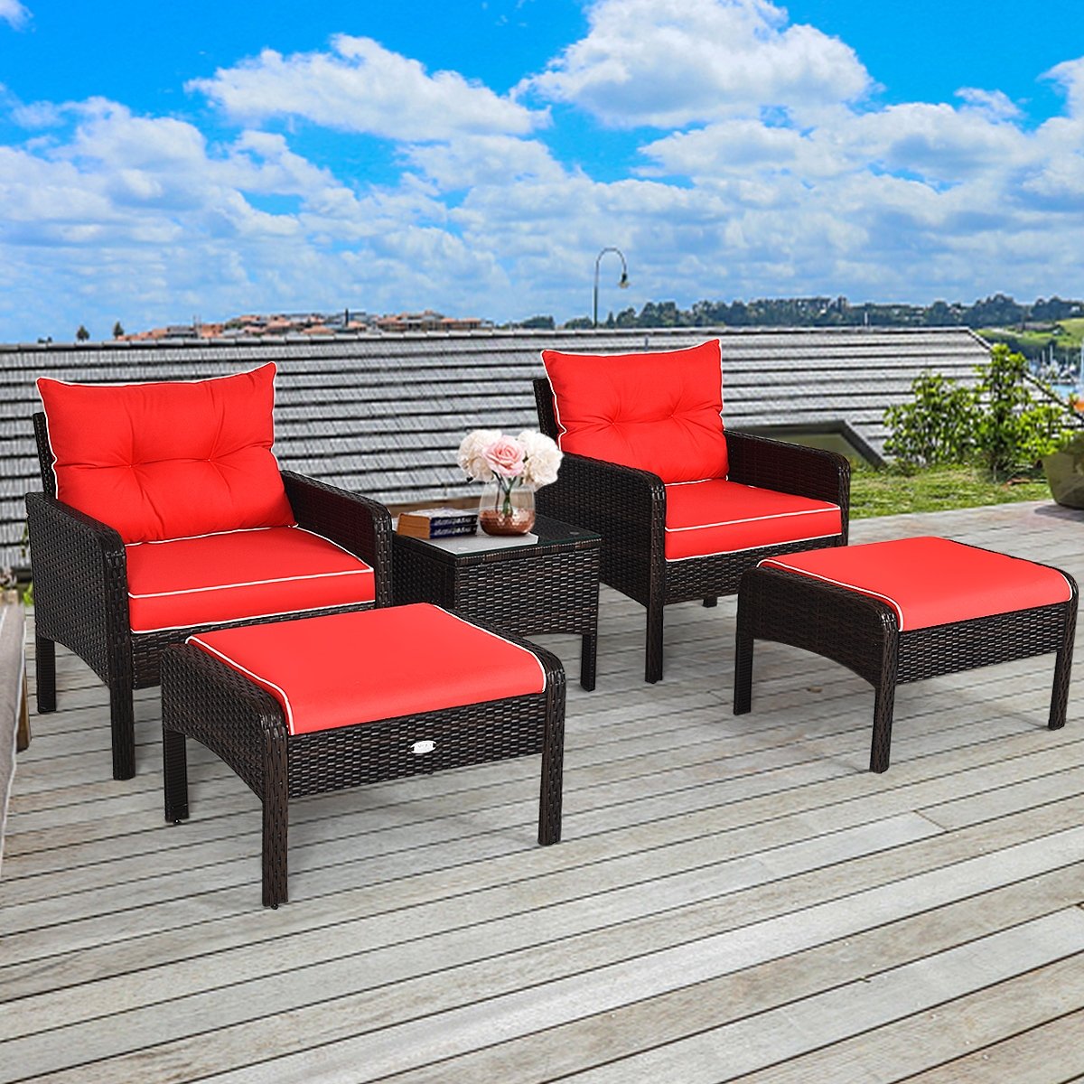 5 Pcs Patio Rattan Wicker Sofa Furniture Set