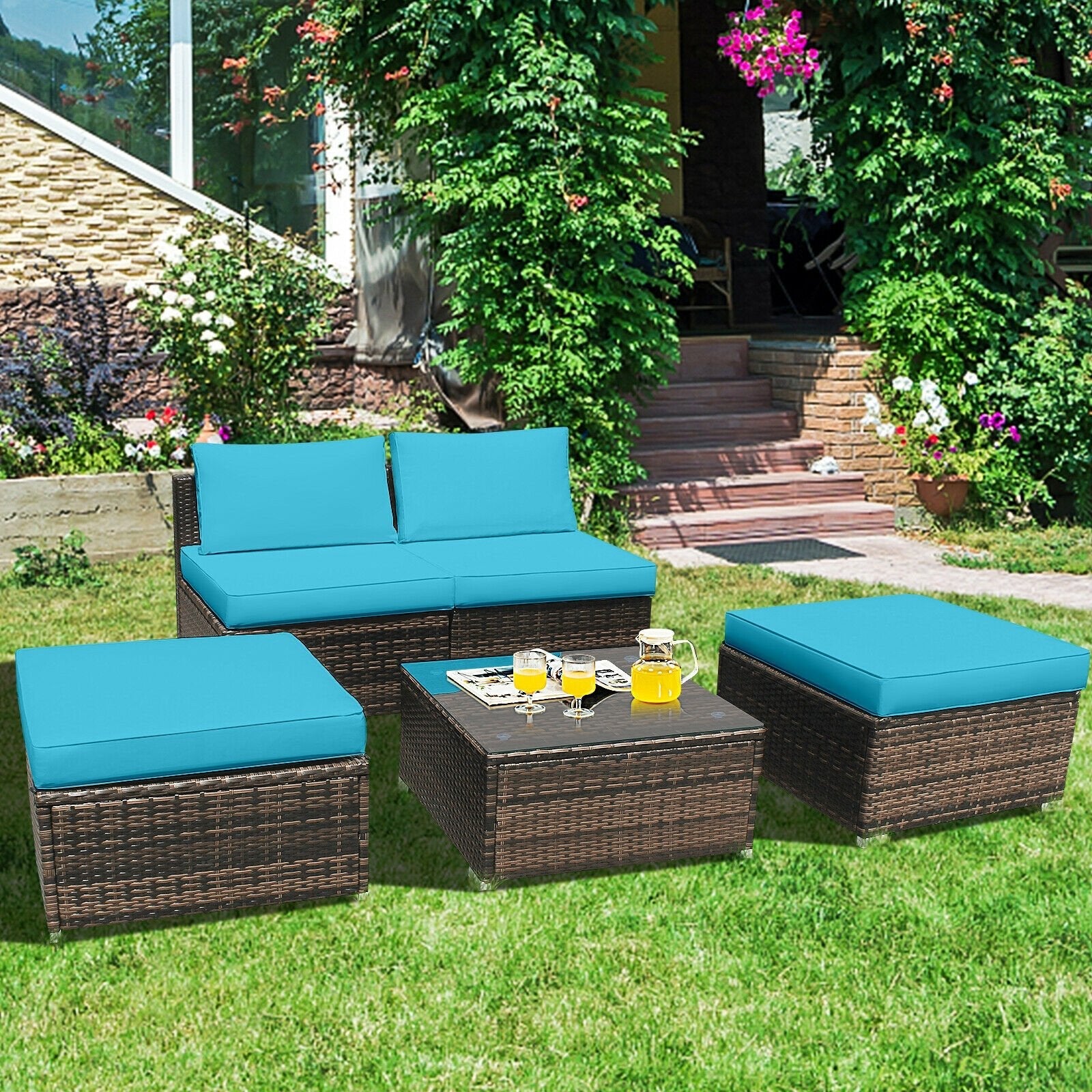 5 Pieces Patio Rattan Furniture Set with Cushioned Armless Sofa-Red