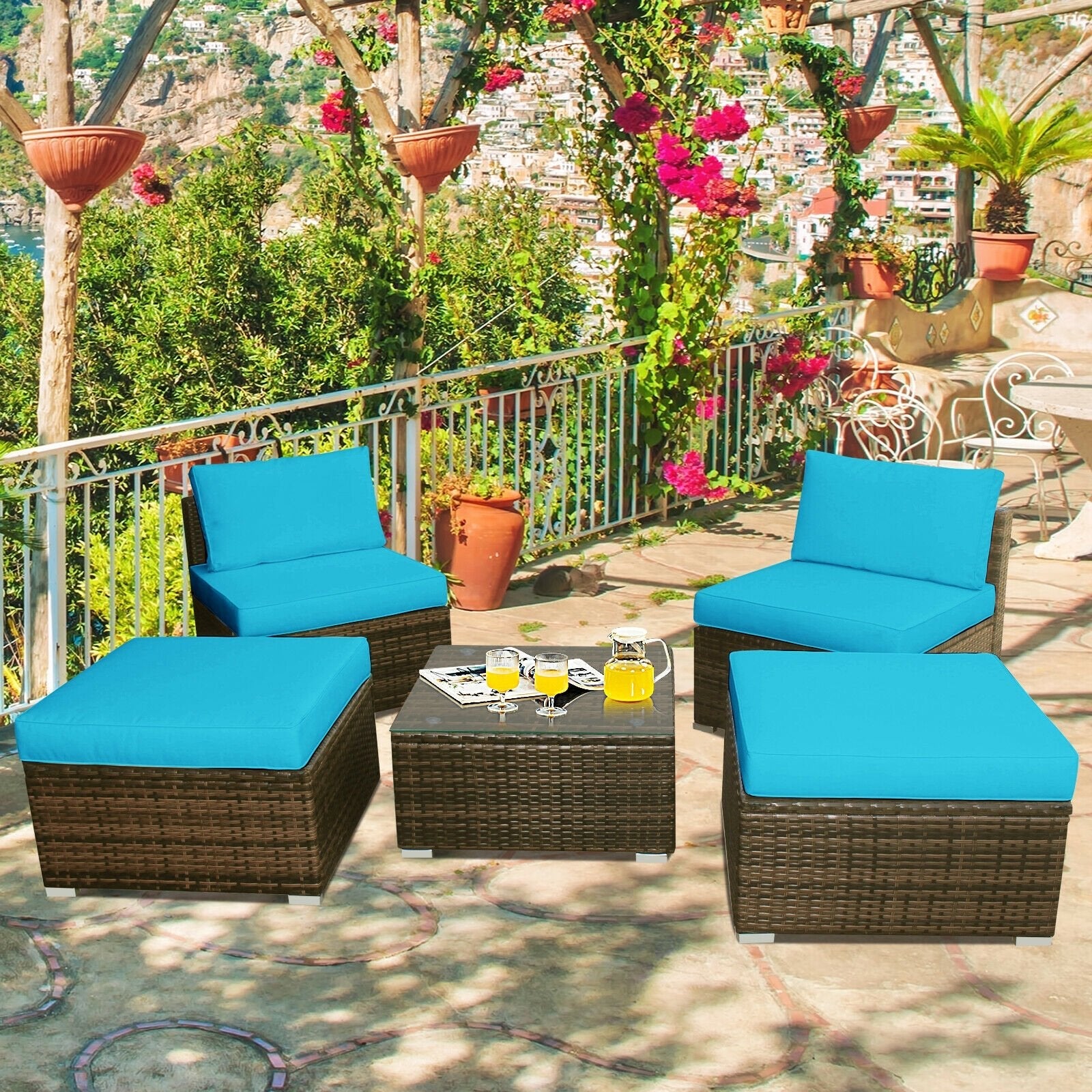5 Pieces Patio Rattan Furniture Set with Cushioned Armless Sofa-Red