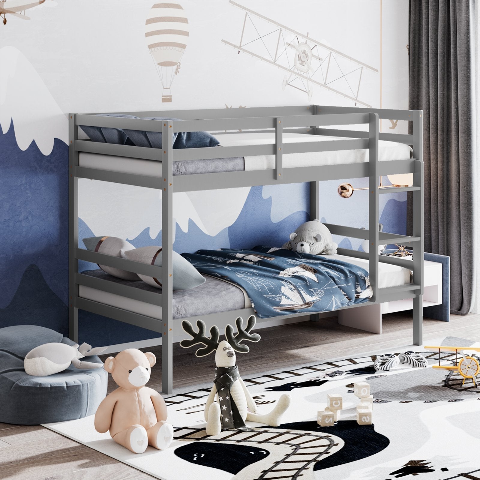 Twin Bunk Bed Children Wooden Bunk Beds Solid Hardwood-Brown