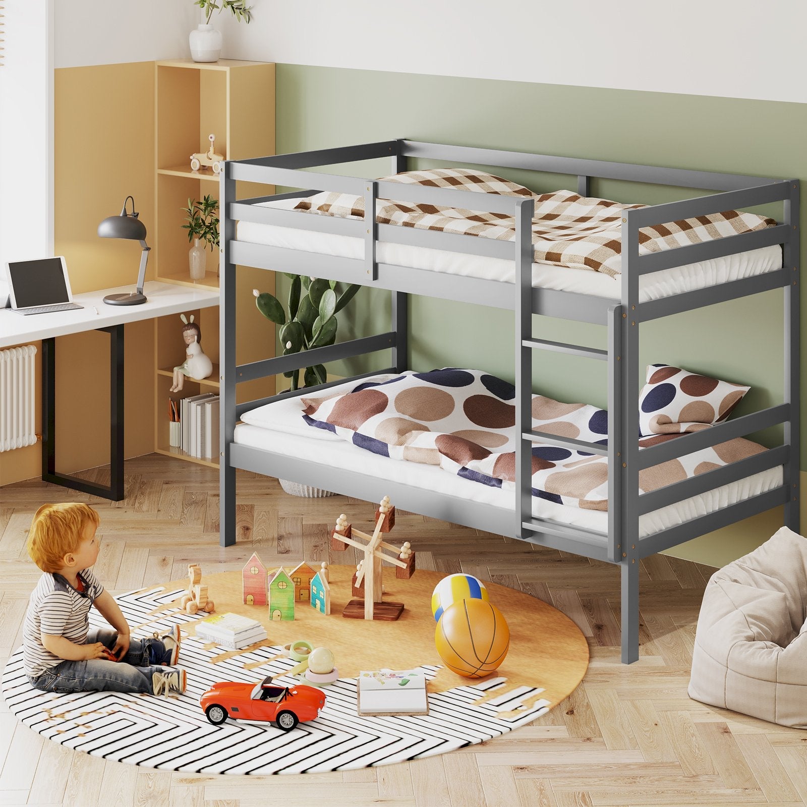 Twin Bunk Bed Children Wooden Bunk Beds Solid Hardwood-Brown