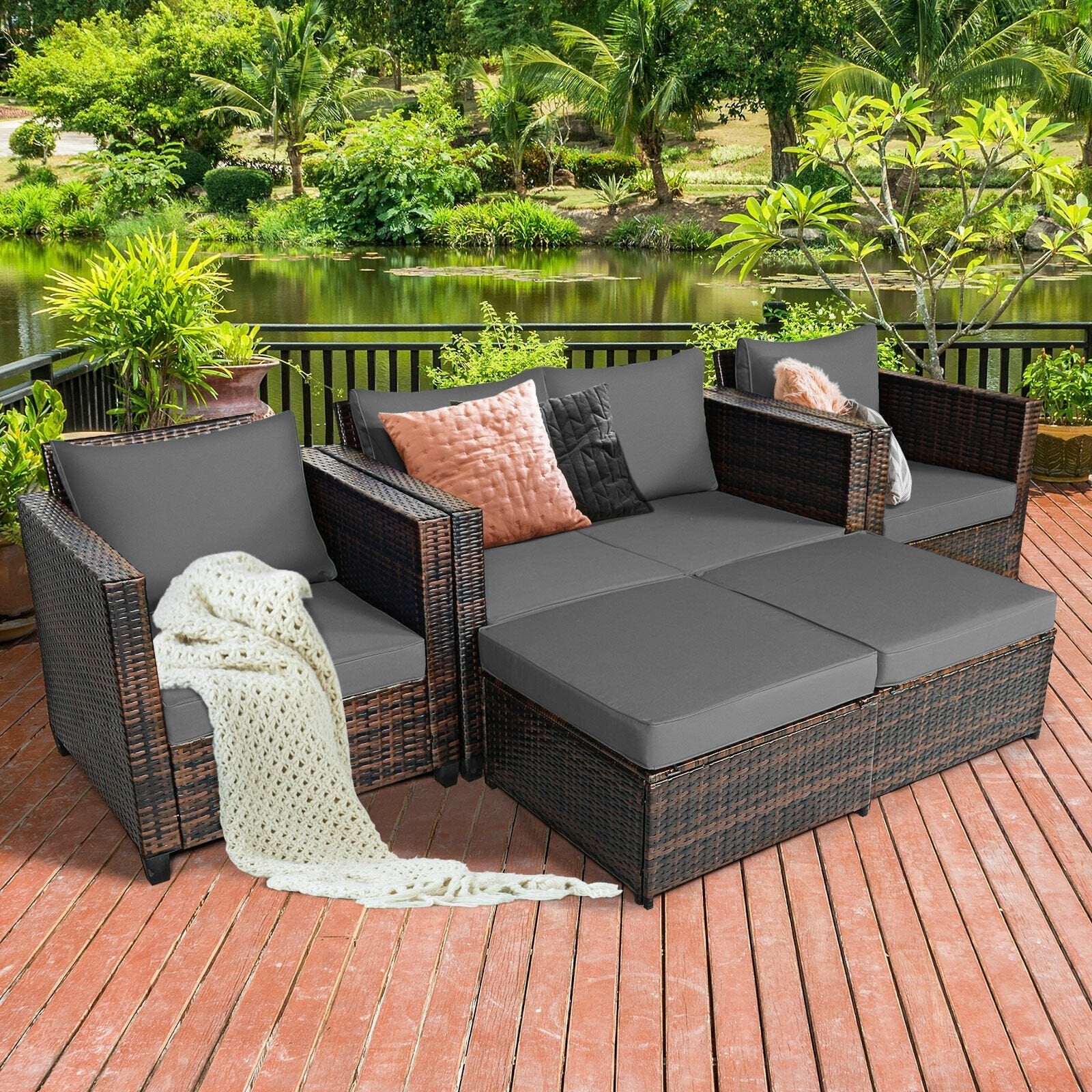 5 Pieces Patio Cushioned Rattan Furniture Set-Black