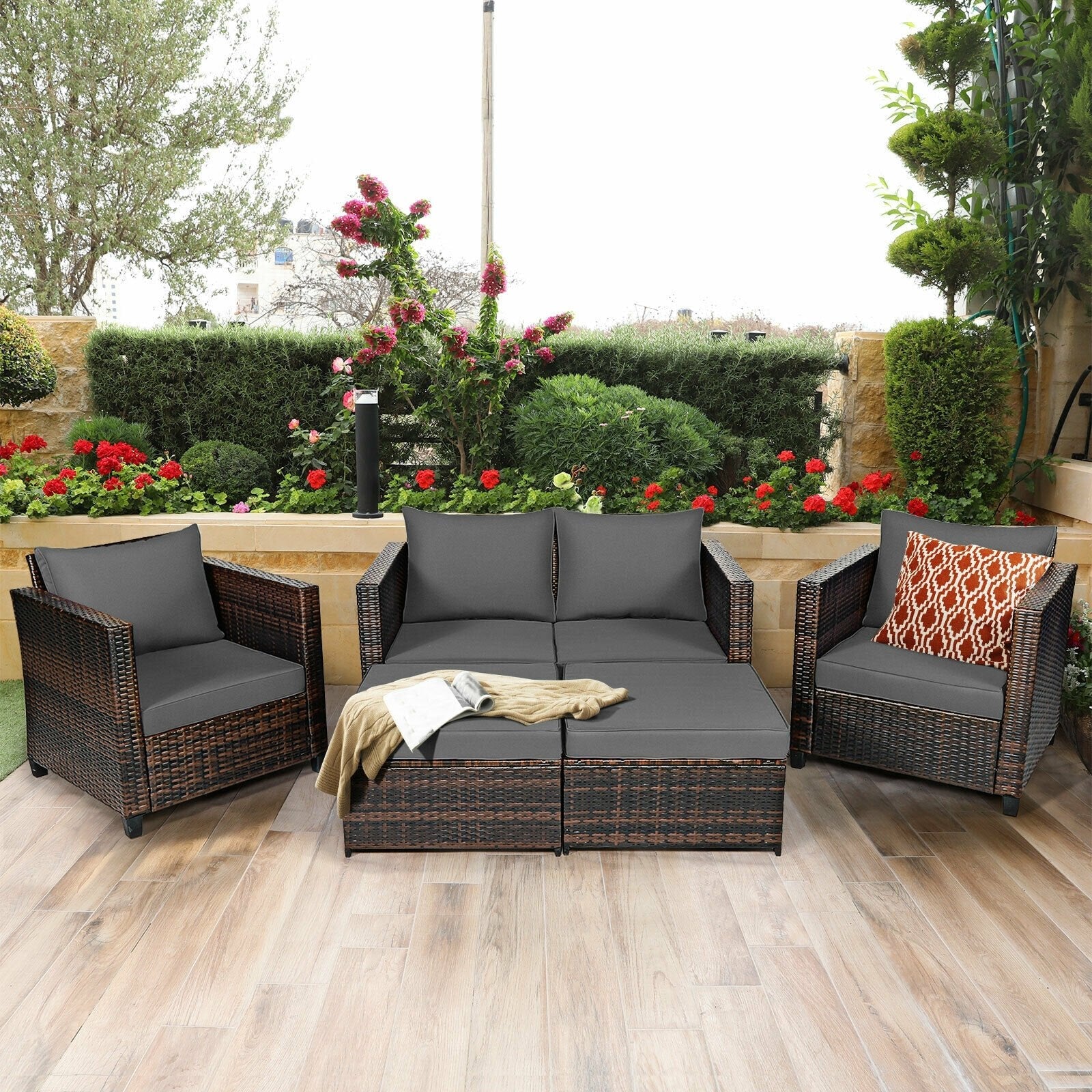 5 Pieces Patio Cushioned Rattan Furniture Set-Black