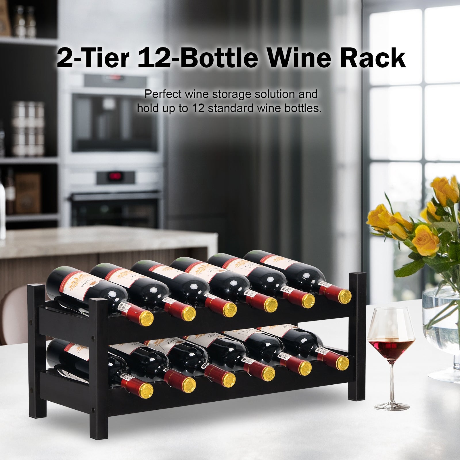12 Bottles 2-Tier Bamboo Storage Shelf Wine Rack-Brown