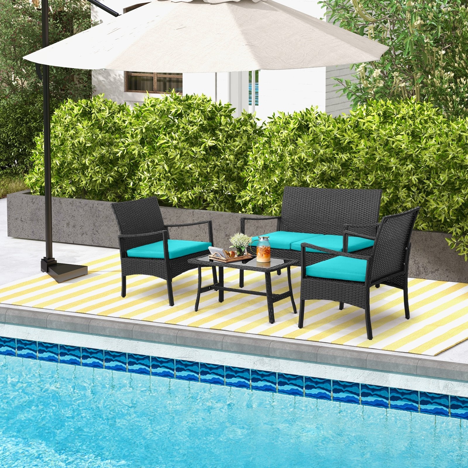 4 Pieces Outdoor Rattan Conversation Set with Tempered Glass Coffee Table-Navy