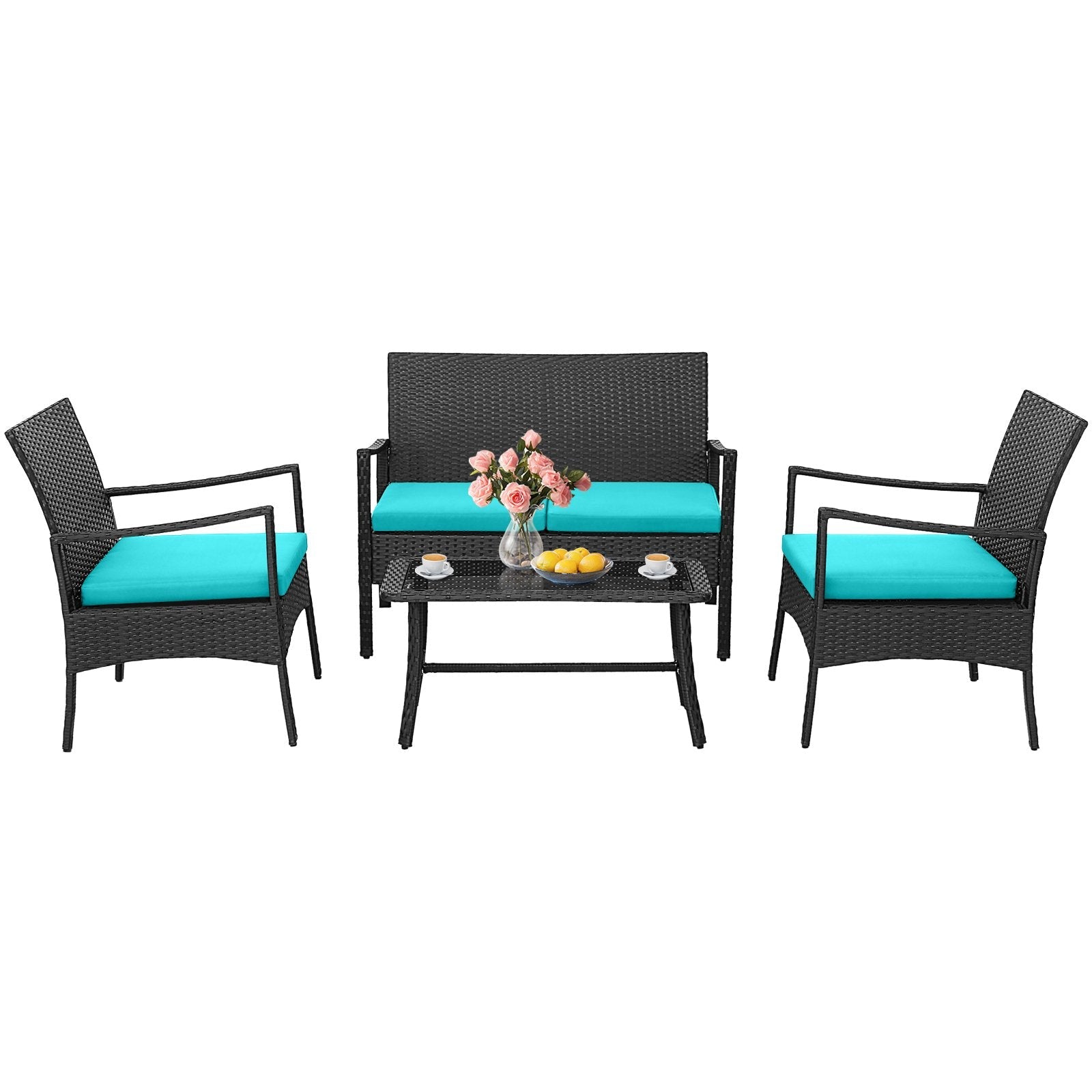 4 Pieces Outdoor Rattan Conversation Set with Tempered Glass Coffee Table-Navy