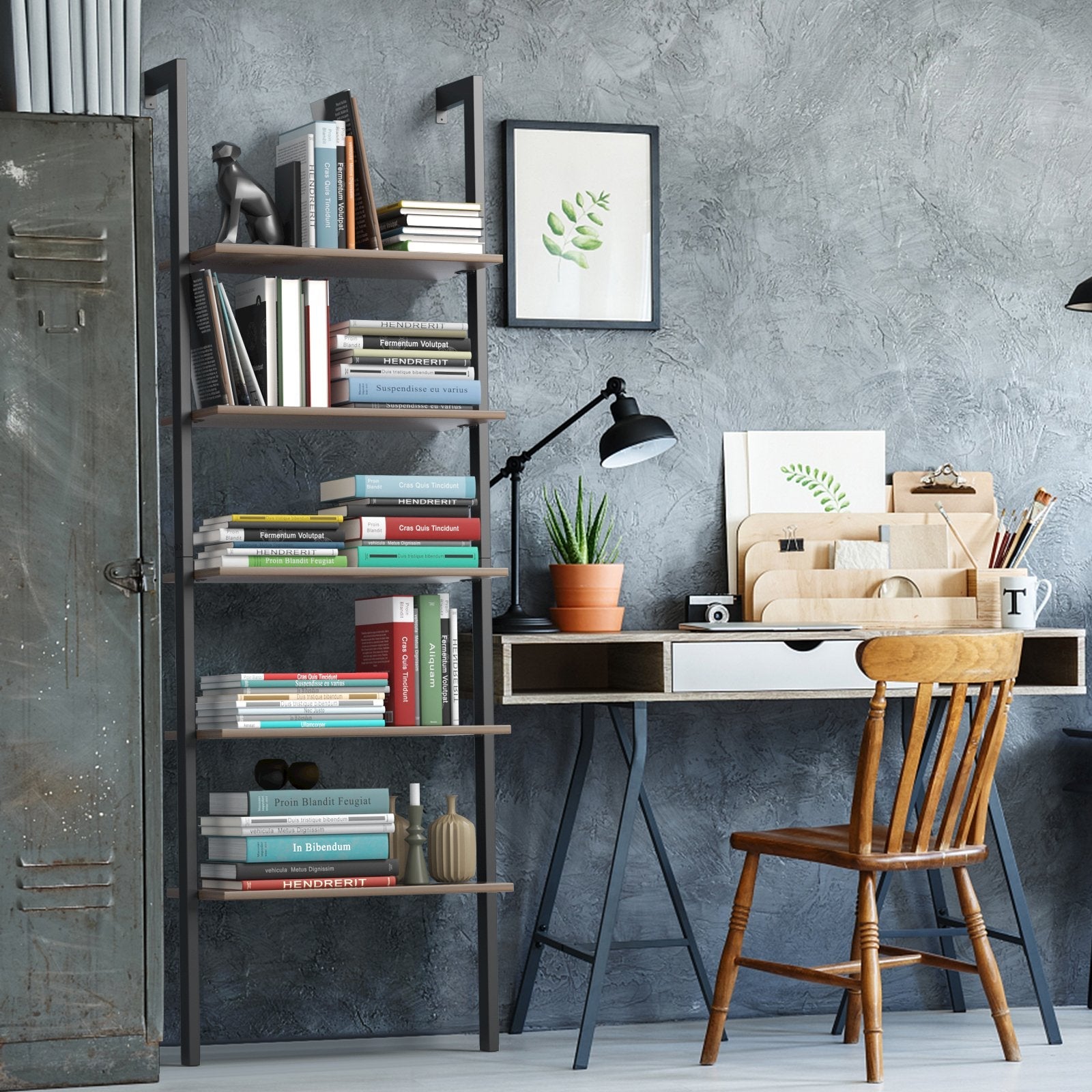 5-Tier Wood Look Ladder Shelf with Metal Frame for Home-Bronze