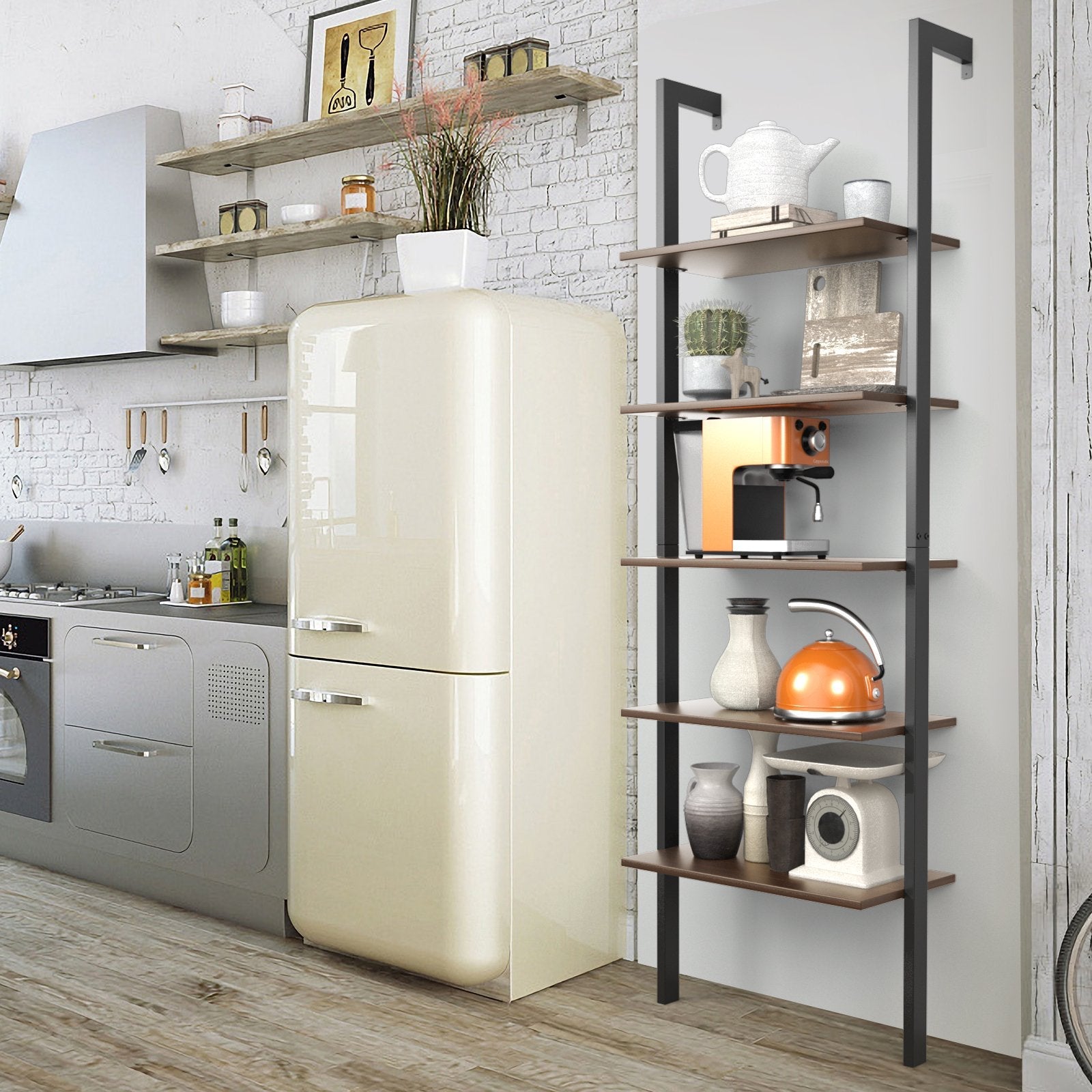 5-Tier Wood Look Ladder Shelf with Metal Frame for Home-Bronze