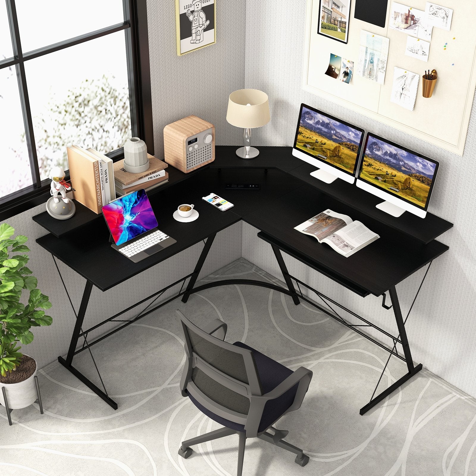 L-shaped Computer Desk with Power Outlet and Monitor Stand-Black