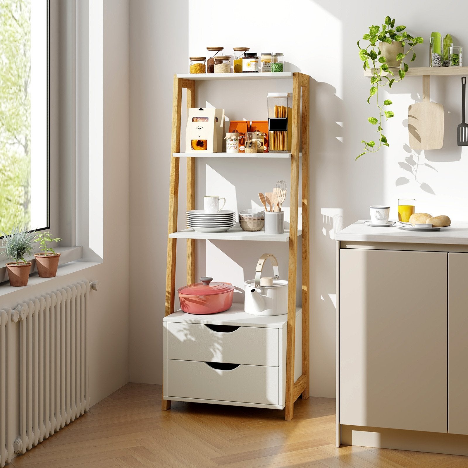 4-Tier Ladder Bookshelf Storage Display with 2 Drawers