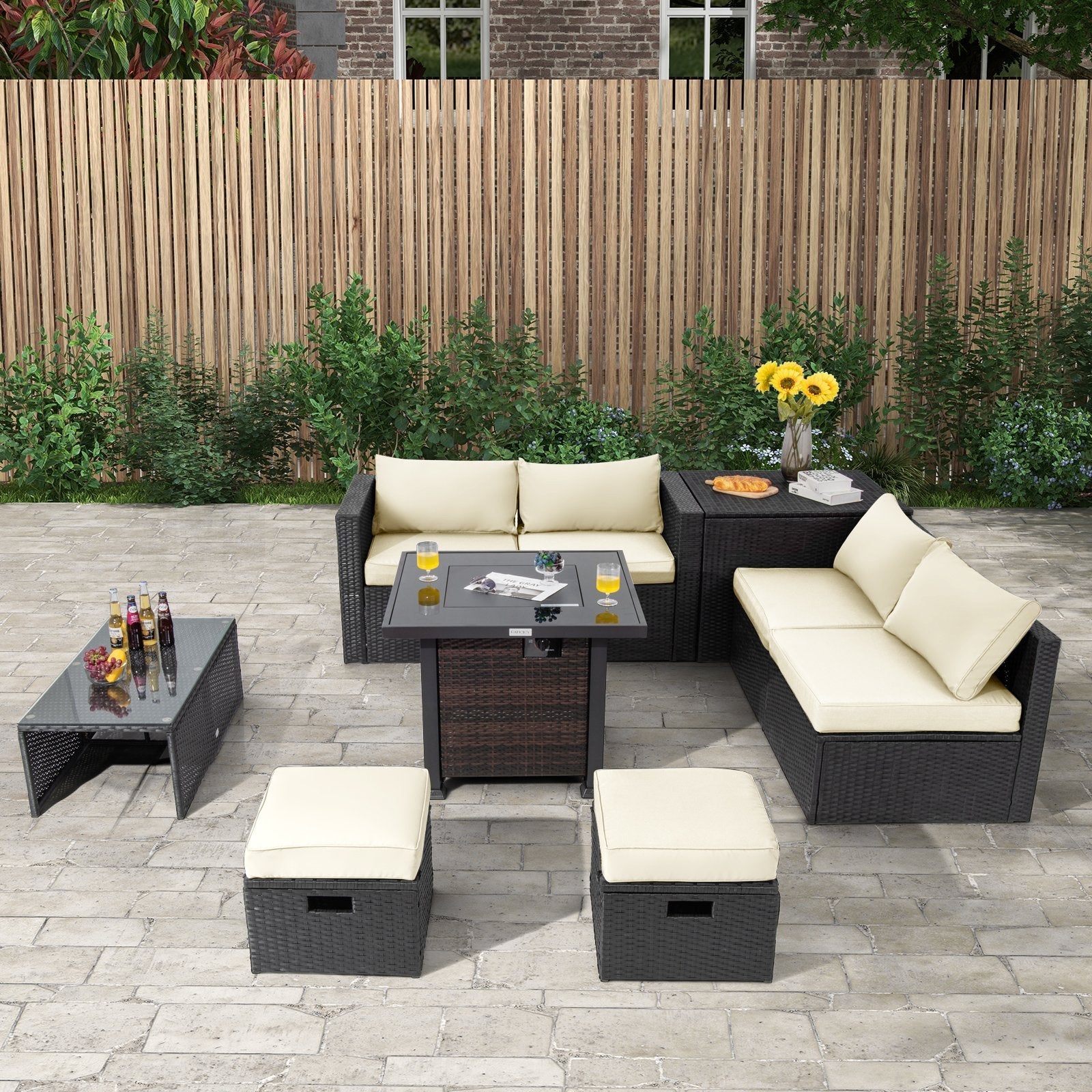 9 Pieces Patio Furniture Set with 32” Fire Pit Table and 50000 BTU Square Propane Fire Pit-Black