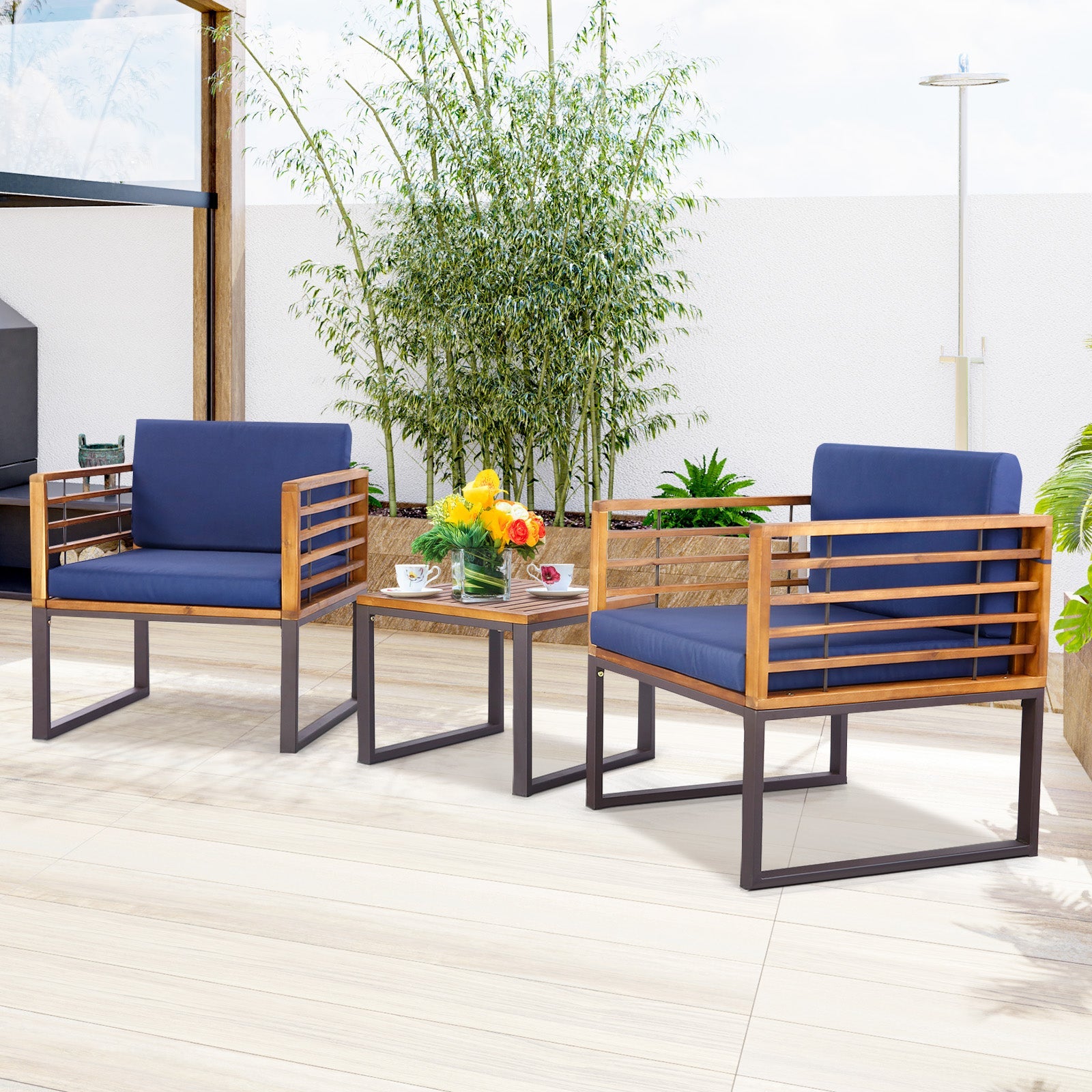 3 Pieces Patio Acacia Wood Conversation Set with Cushioned Armchairs-Navy