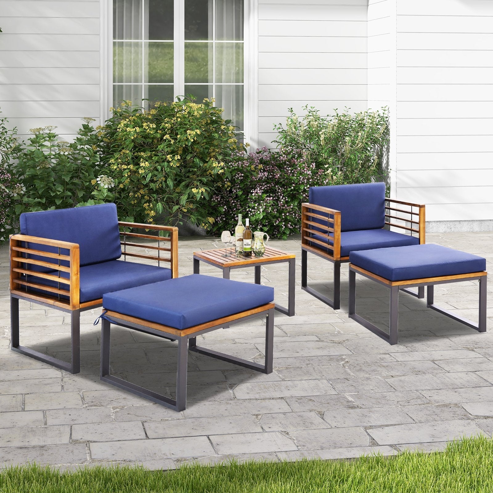 5 Pieces Patio Acacia Wood Chair Set with Ottomans and Coffee Table-Navy