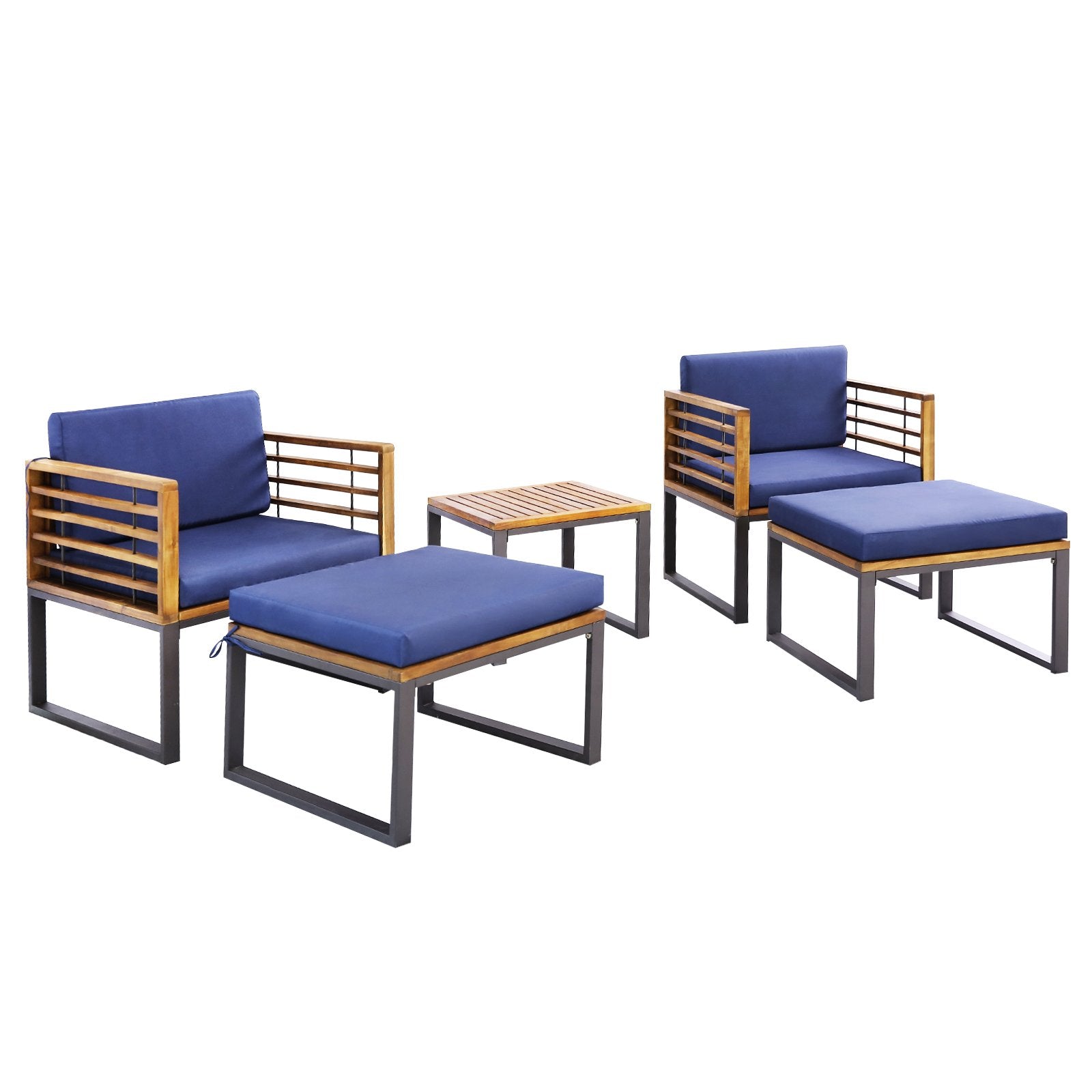 5 Pieces Patio Acacia Wood Chair Set with Ottomans and Coffee Table-Navy