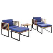 5 Pieces Patio Acacia Wood Chair Set with Ottomans and Coffee Table-Navy