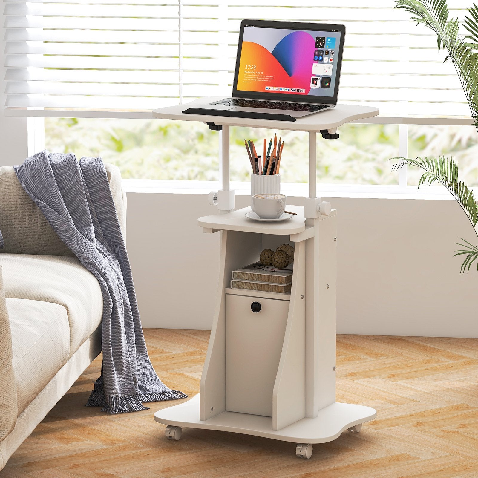 Adjustable Mobile Standing Desk Cart with Tilt Desktop and Cabinet-Black