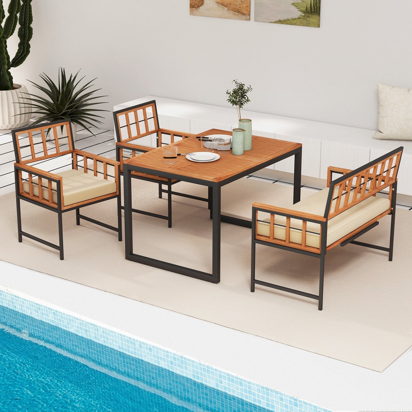 4 Pieces Acacia Wood Patio Dining Set with 1 Rectangular Table