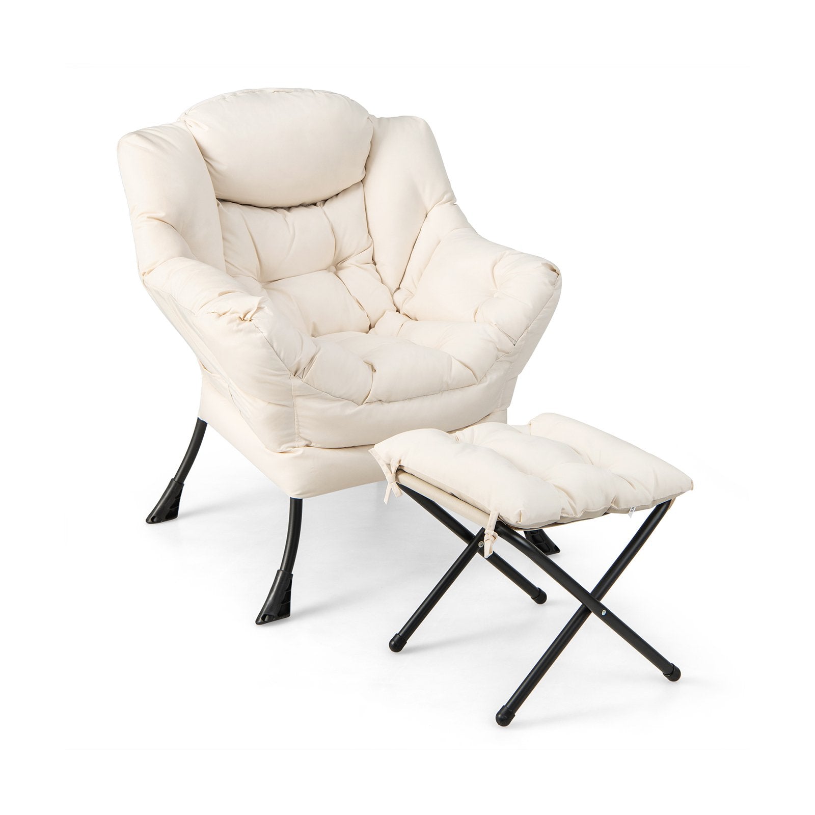 Modern Accent Sofa Chair with Folding Footrest and Side Pocket-Beige