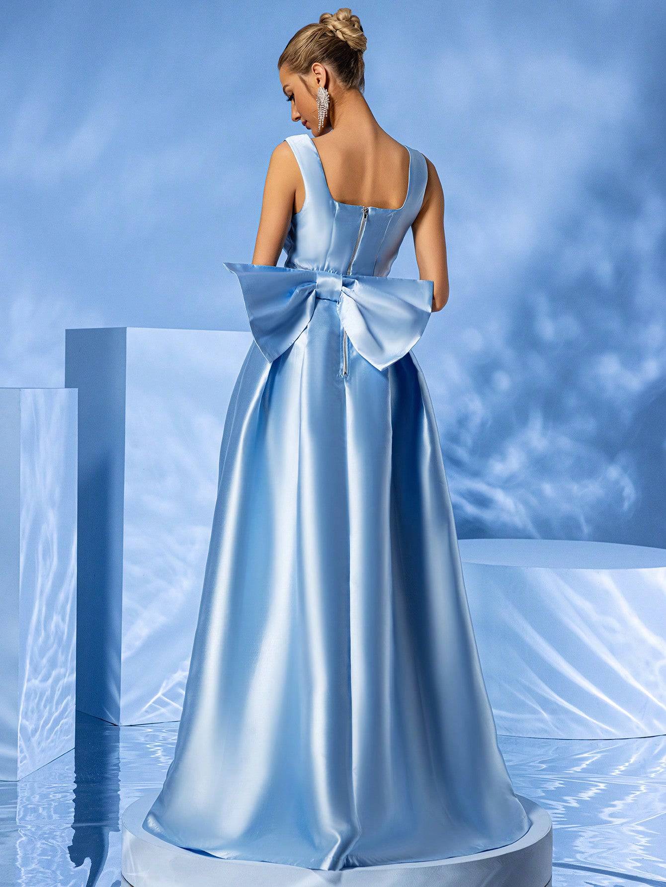 Square Neck Taffeta Puffy Pleated Maxi Dress With a Big Bow - Baby Blue