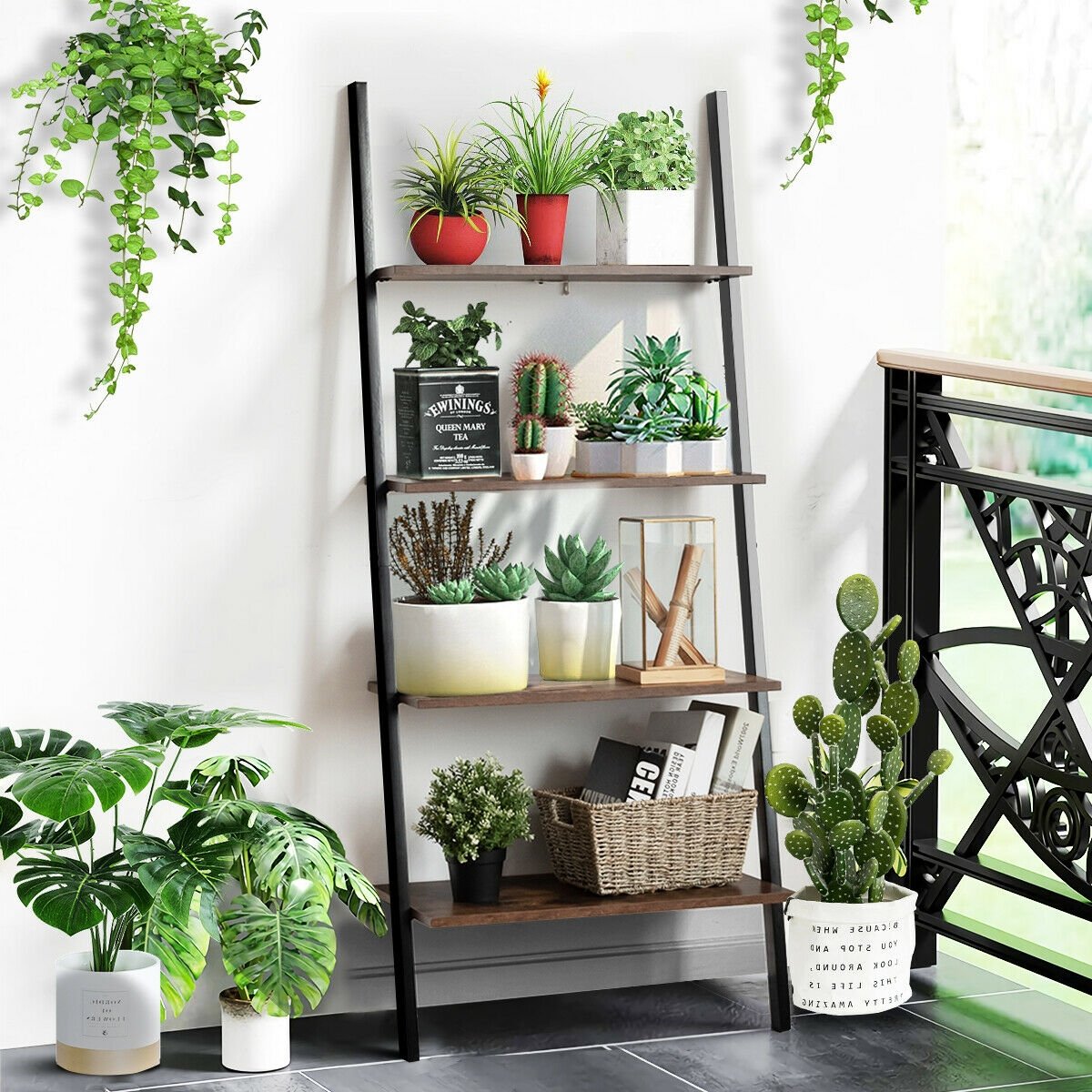 4-Tier Industrial Leaning Wall Bookcase-Black