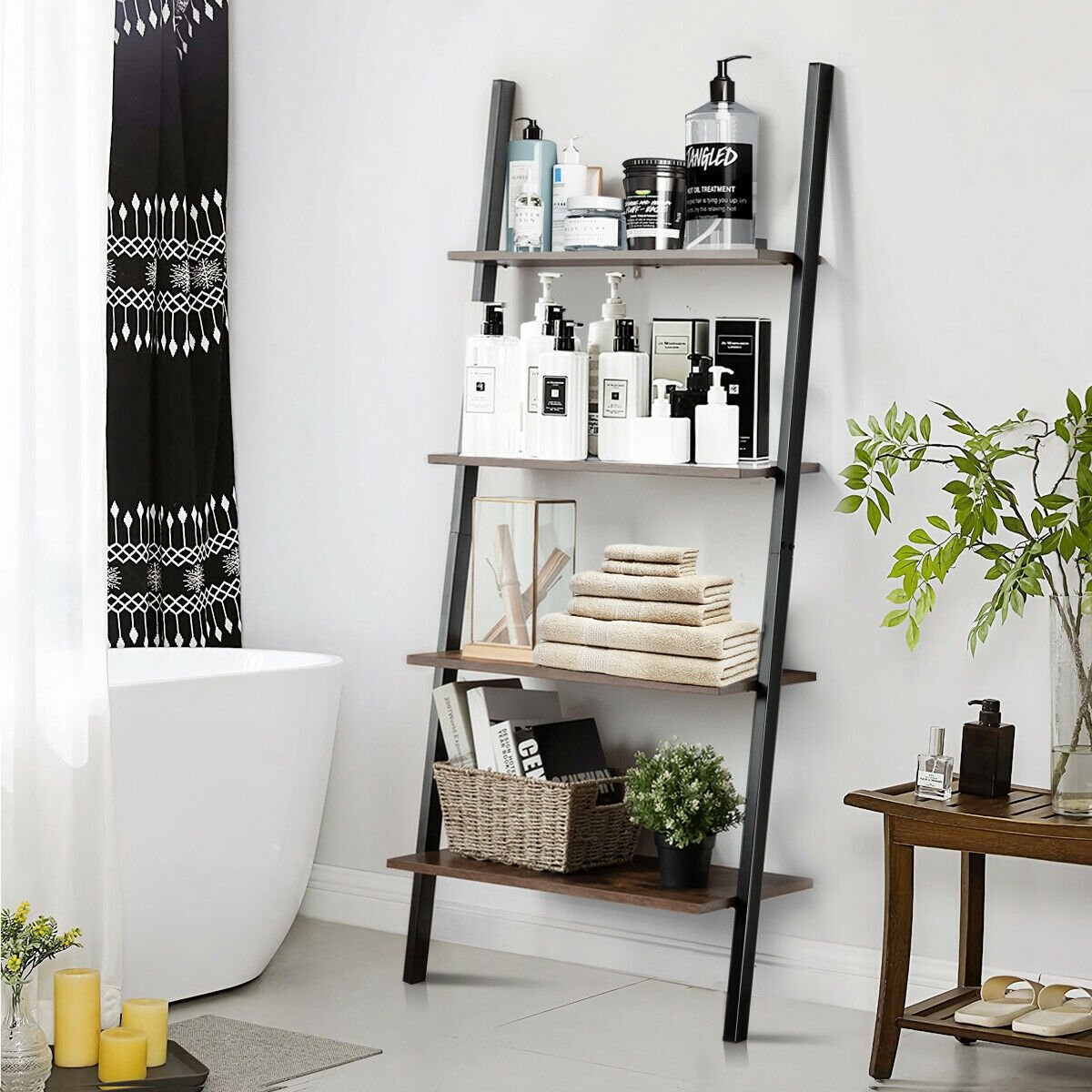 4-Tier Industrial Leaning Wall Bookcase-Black