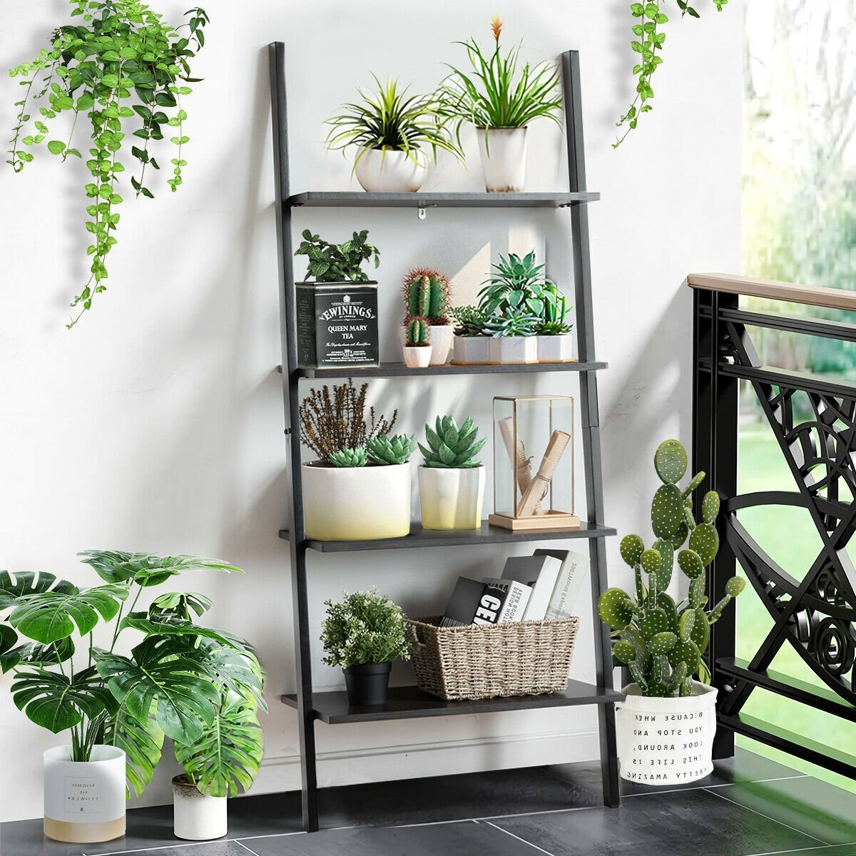4-Tier Industrial Leaning Wall Bookcase-Black