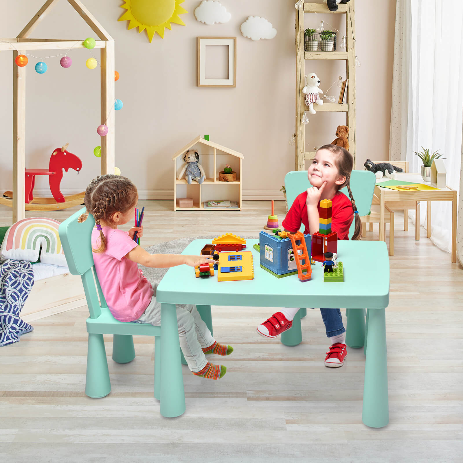 3 Pieces Toddler Multi Activity Play Dining Study Kids Table and Chair Set-Blue