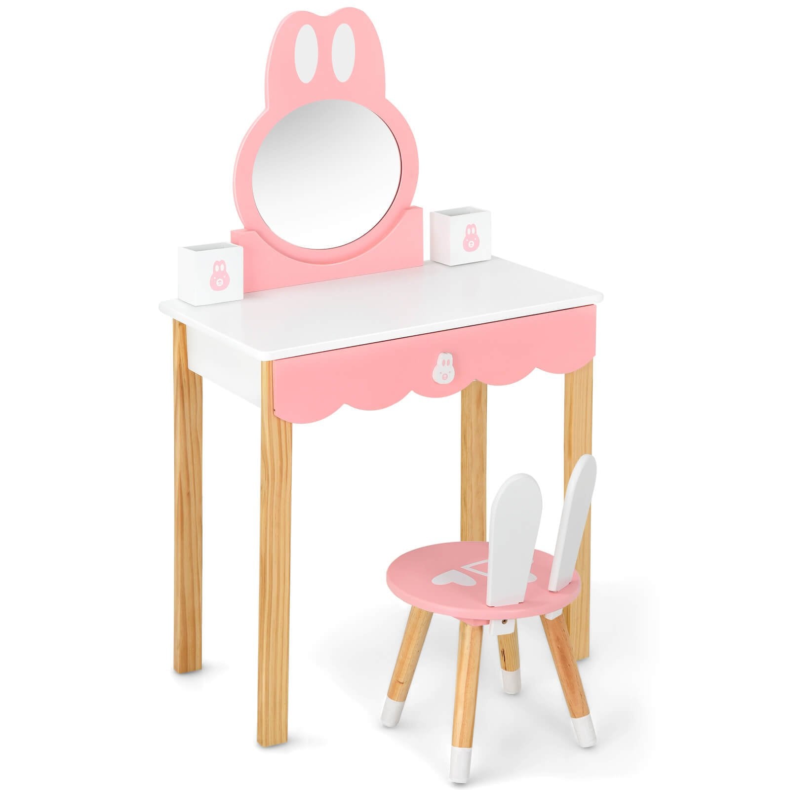 Kids Vanity Set Rabbit Makeup Dressing Table Chair Set with Mirror and Drawer-Pink