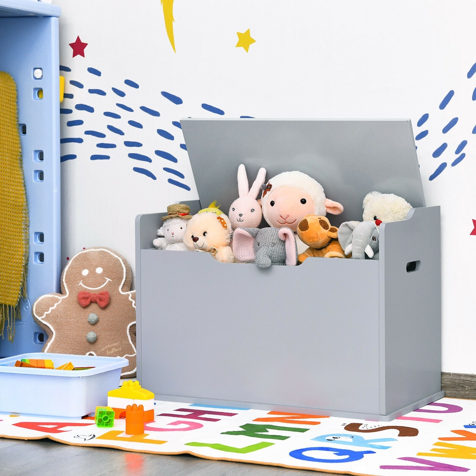 Kids Toy Wooden Flip-top Storage Box Chest Bench with Cushion Hinge-Brown